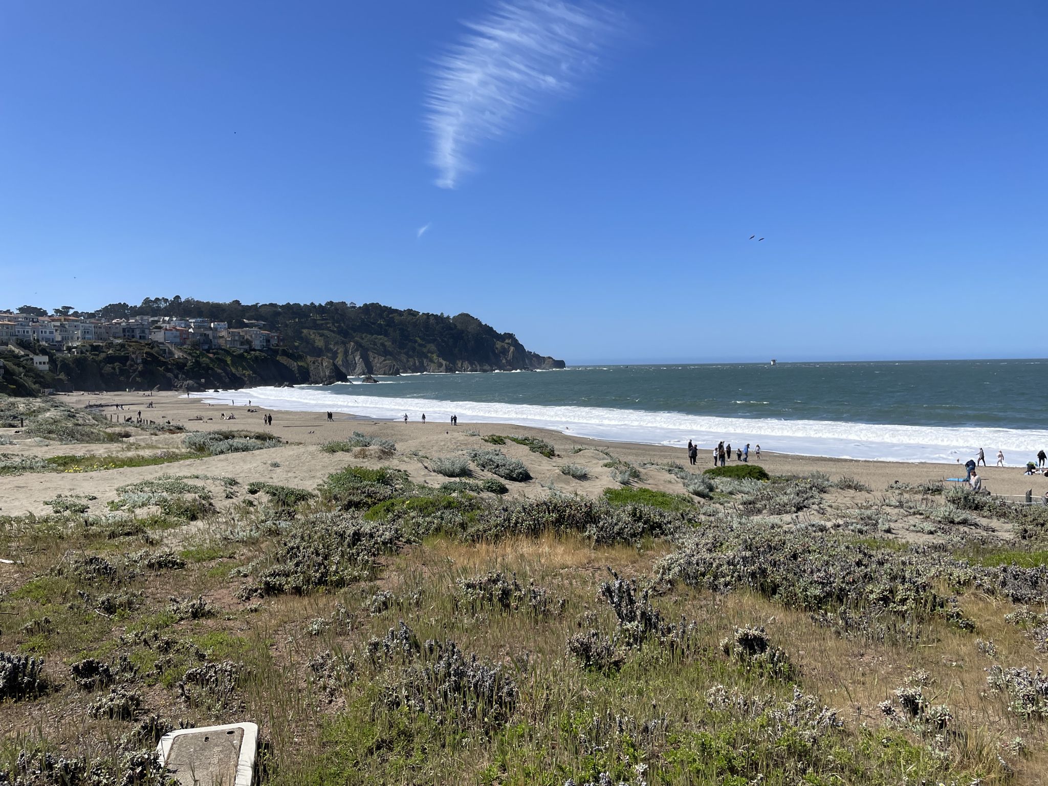 Wide sandy beach with distant people, ocean waves, and a green hillside. - Coastal and Lobos Creek Valley Loop