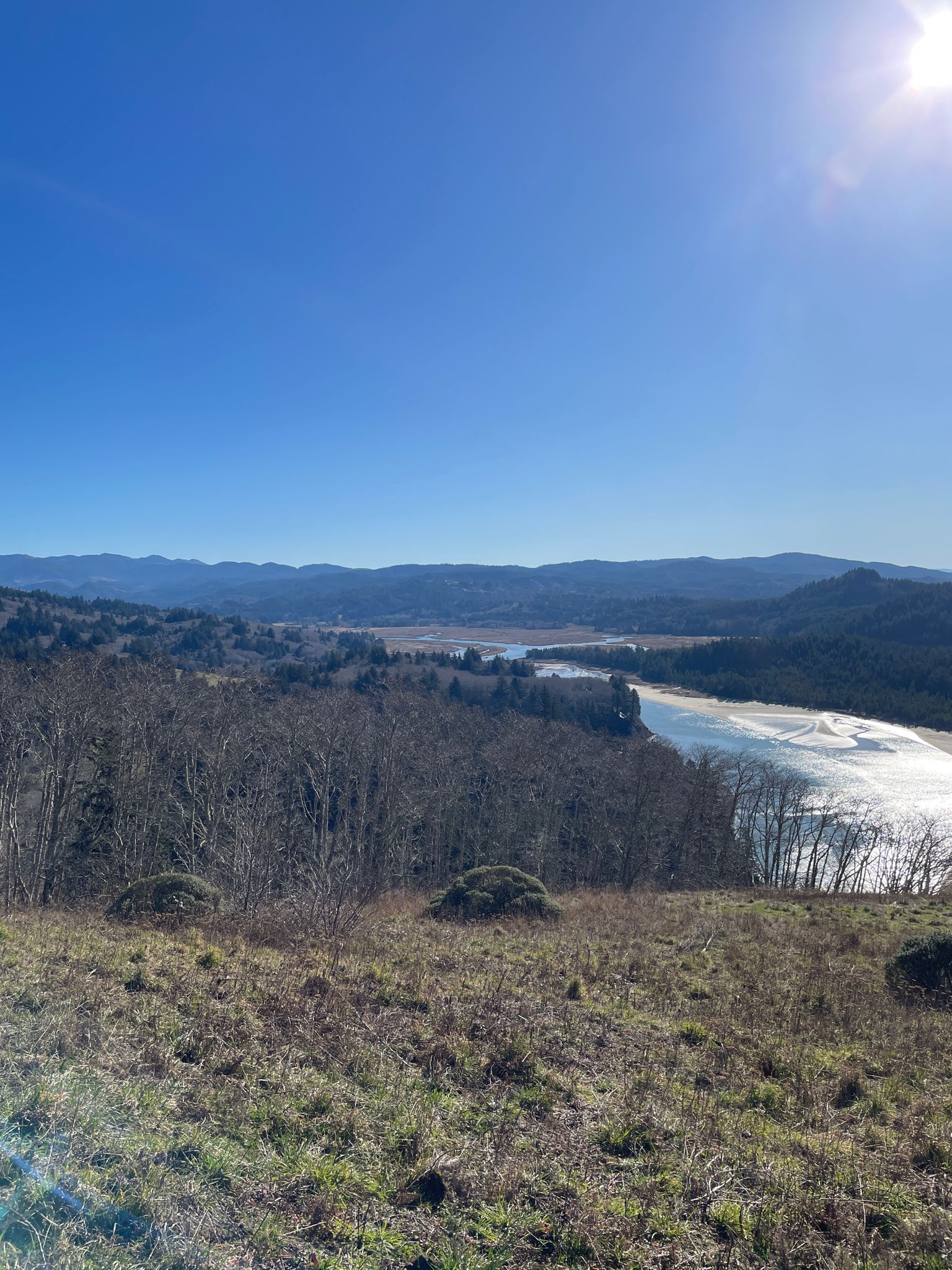 Wide river winding through forested hills under a bright, sunny sky. - Cascade Head Trail