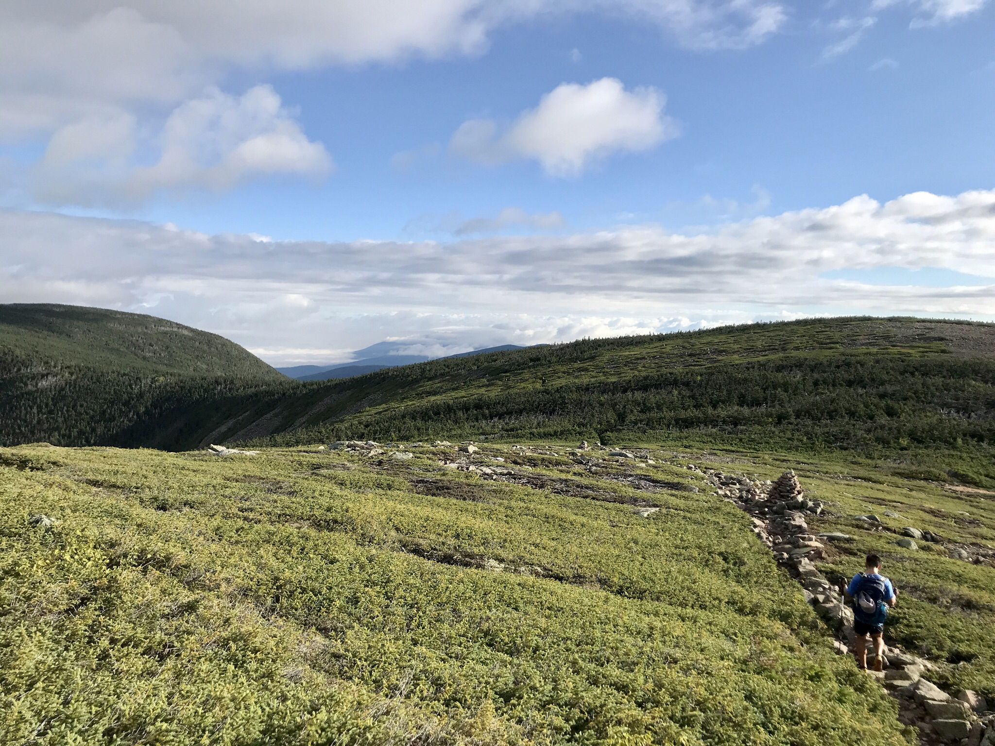 A hiker walks along a rocky mountain path under a bright, cloudy sky. - Mount Bond – Zeacliff Outlook loop from Mount Bond