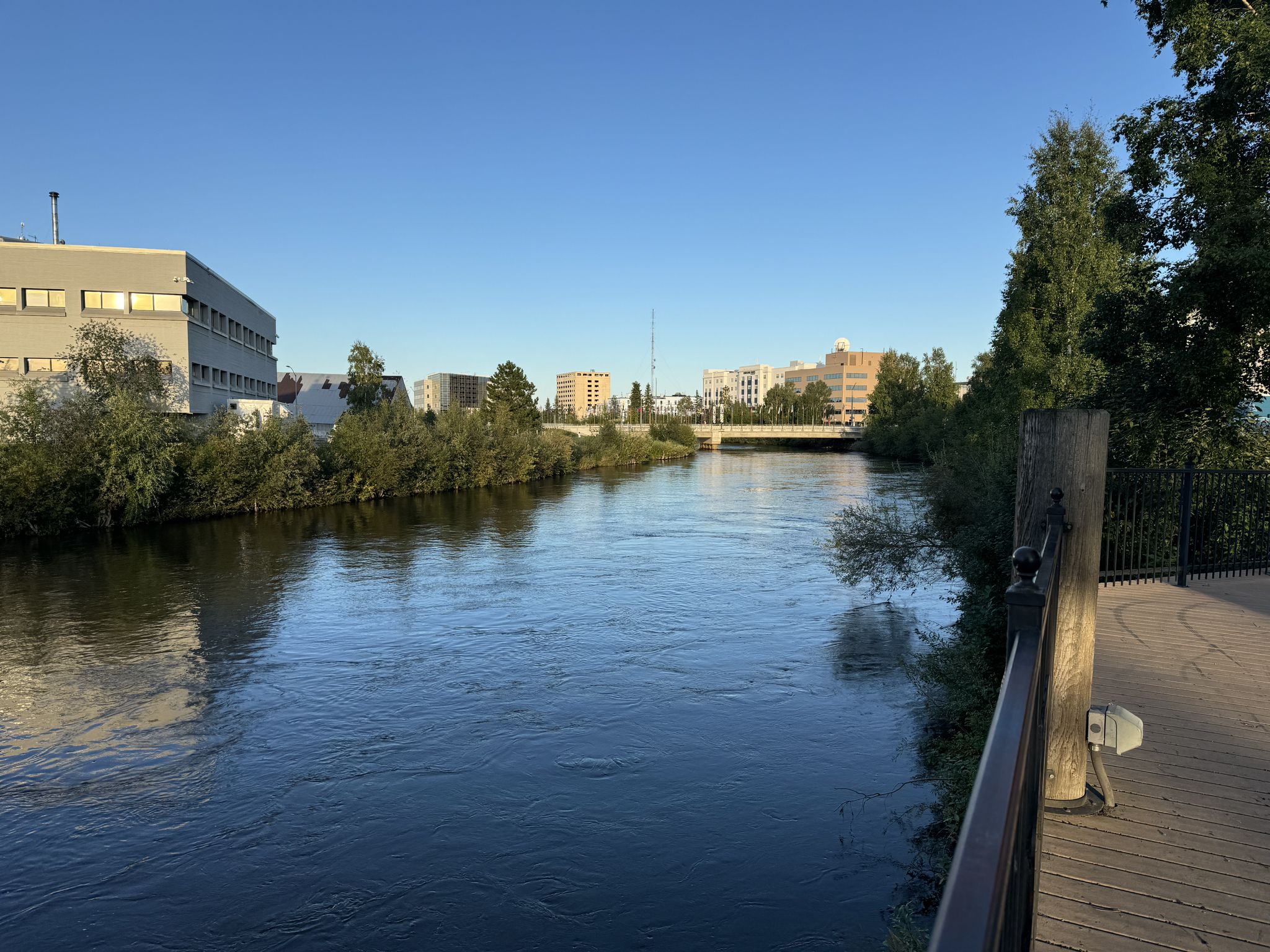A wide river flows past buildings and trees under a clear blue sky. - Chena Riverwalk