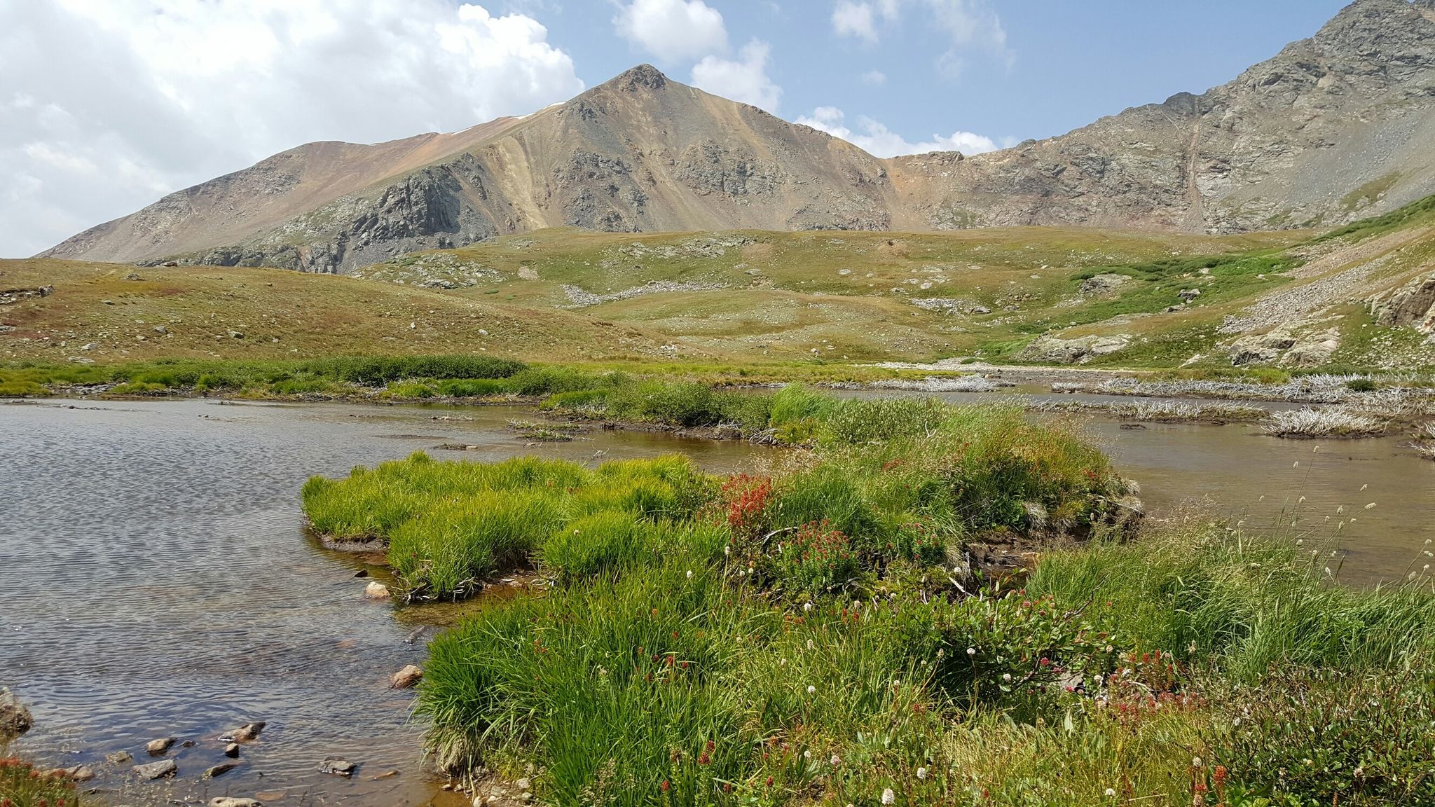 Mountain lake with grassy islands, surrounded by rocky, green slopes under a cloudy sky. - Gray's Lake