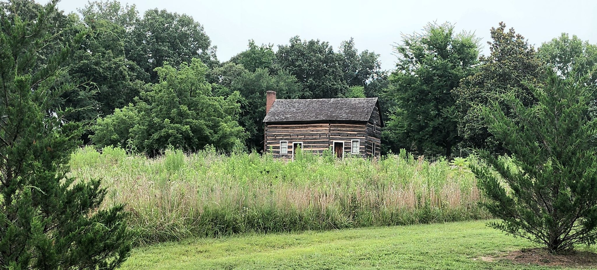 A small log cabin in a tall grassy field surrounded by green trees. - Marsh Park loop from Pineville