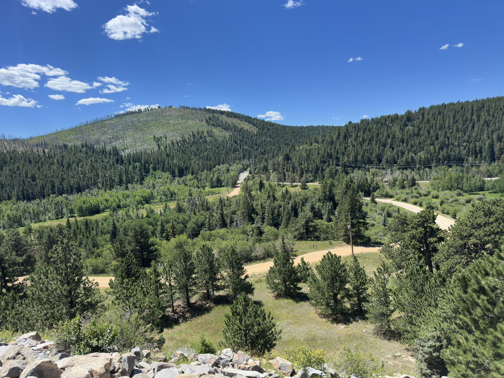 Winding dirt roads through green forested mountains under a bright blue sky. - Ward General Store – Mud Lake loop from Minnie Lake