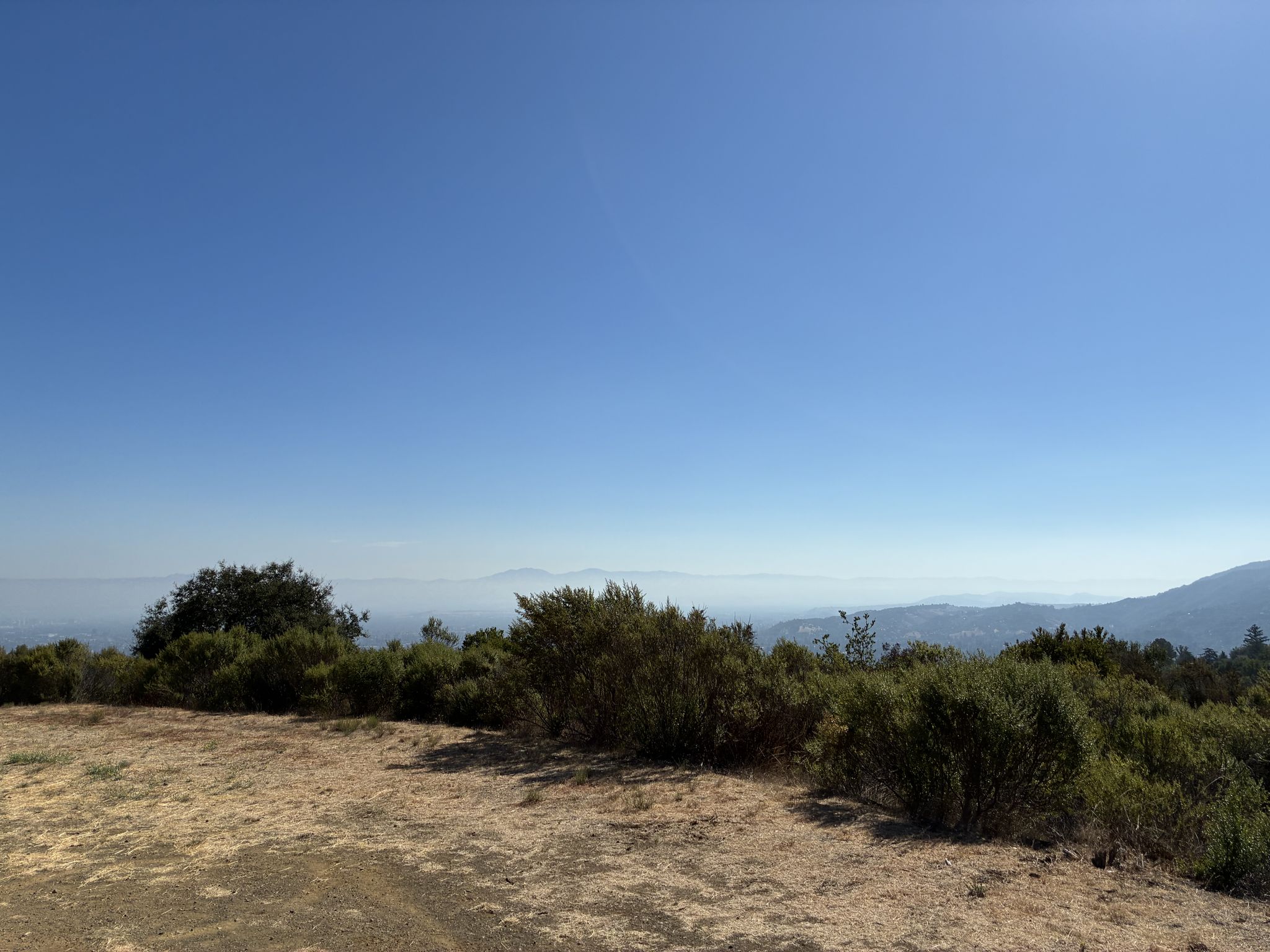Sunny view of dry ground, green bushes, and hazy distant mountains. - Overlook Trail and Saratoga-Los Gatos Road Loop