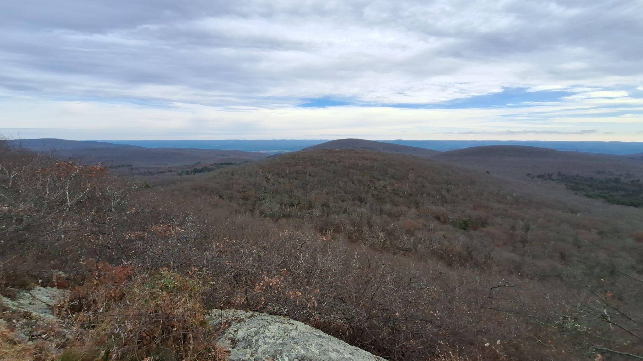 Overcast sky above rolling, forested hills with bare trees. - Bear Mountain and Mount Frissell Trail