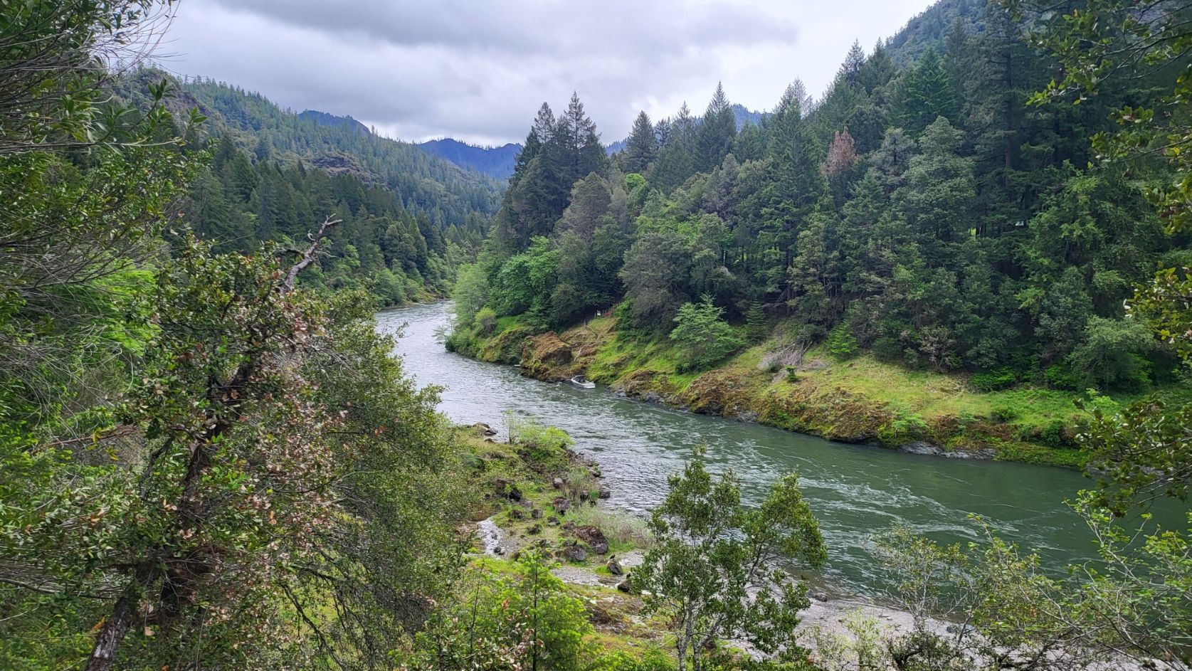 A winding river flows through a lush, green forested valley under an overcast sky. - Rogue River National Recreation Trail