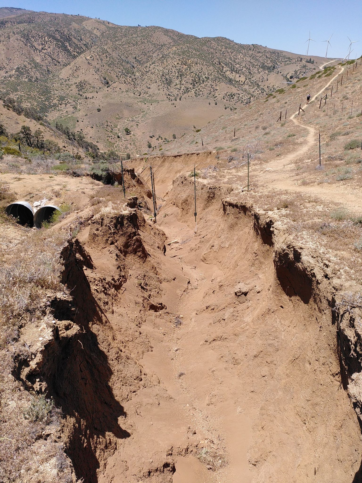 A deep, eroded gully cuts across a dry hillside with a path above. - Pacific Crest Trail South via Tehachapi Willow Springs Road