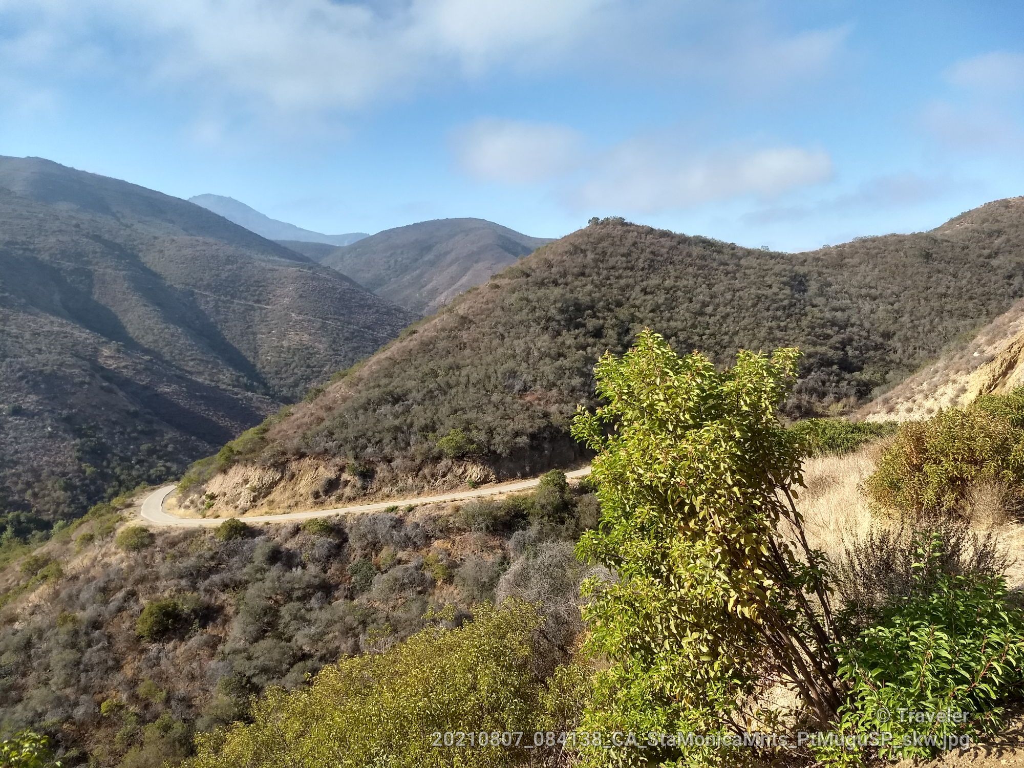 Winding dirt road on a brush-covered hillside under a bright, cloudy sky. - Boney Fossil Loop