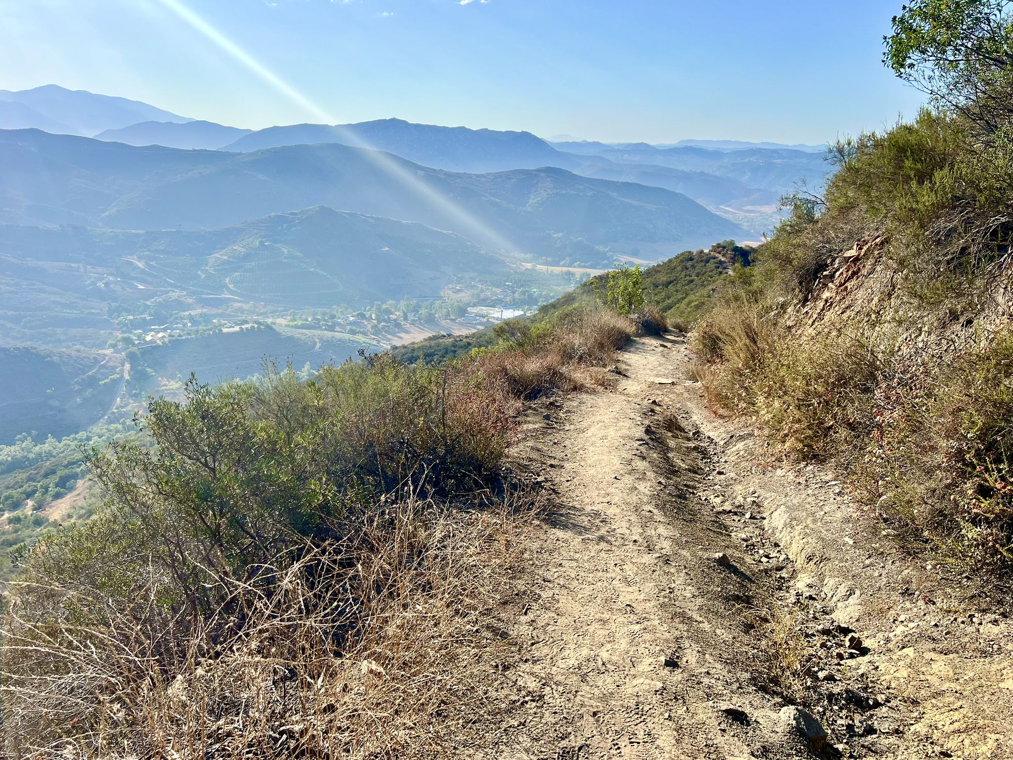 A rugged dirt trail winds along a brushy hillside with distant mountains. - Monserate Mountain Loop Trail