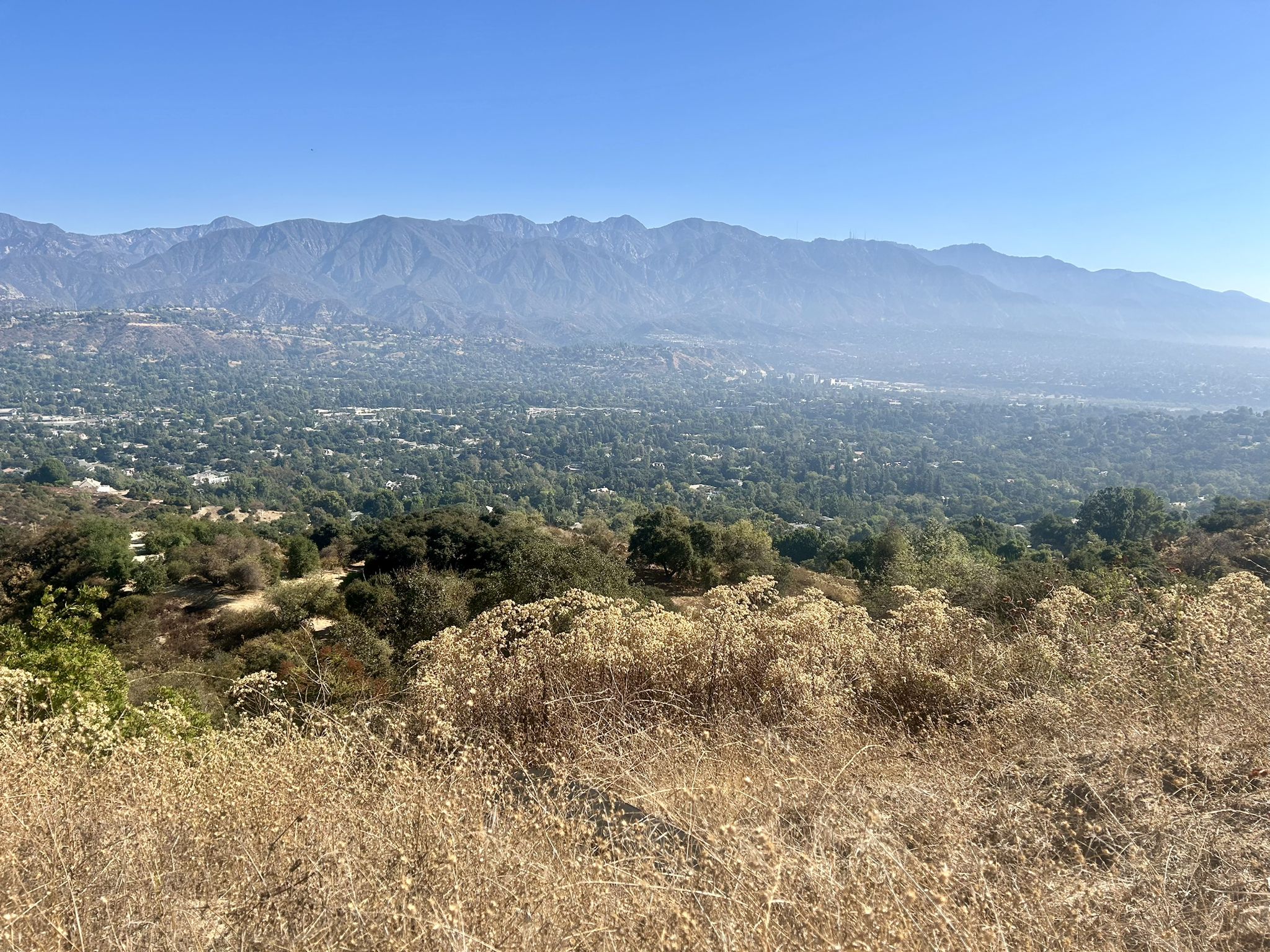 Wide view of a green valley and hazy mountains from a dry, grassy hillside. - Cerro Negro Trail