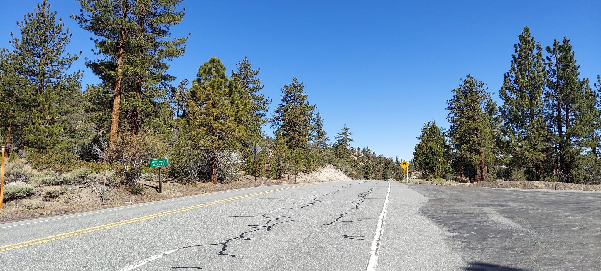 Straight road with cracked pavement, pine trees, and clear blue sky. - Onyx Peak