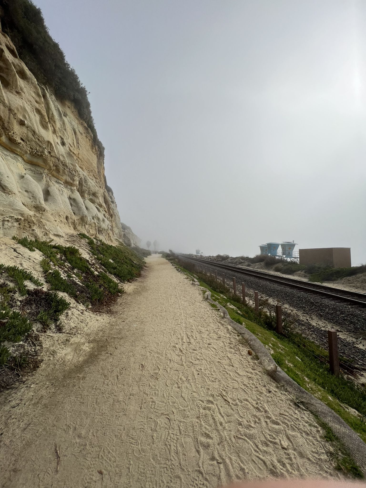Sandy path next to train tracks and a cliff on a foggy day. - Bogart mural - Casablanca Inn – T Street Beach loop from San Clemente