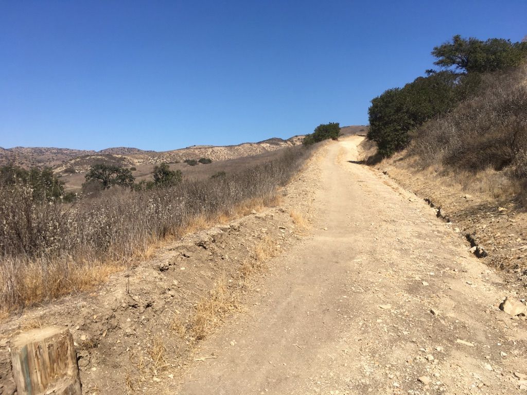 A wide dirt road ascends a dry, brushy hillside under a clear blue sky. - Cheeseboro Canyon Trail – Ranch Center Trail loop from Liberty Canyon Open Space