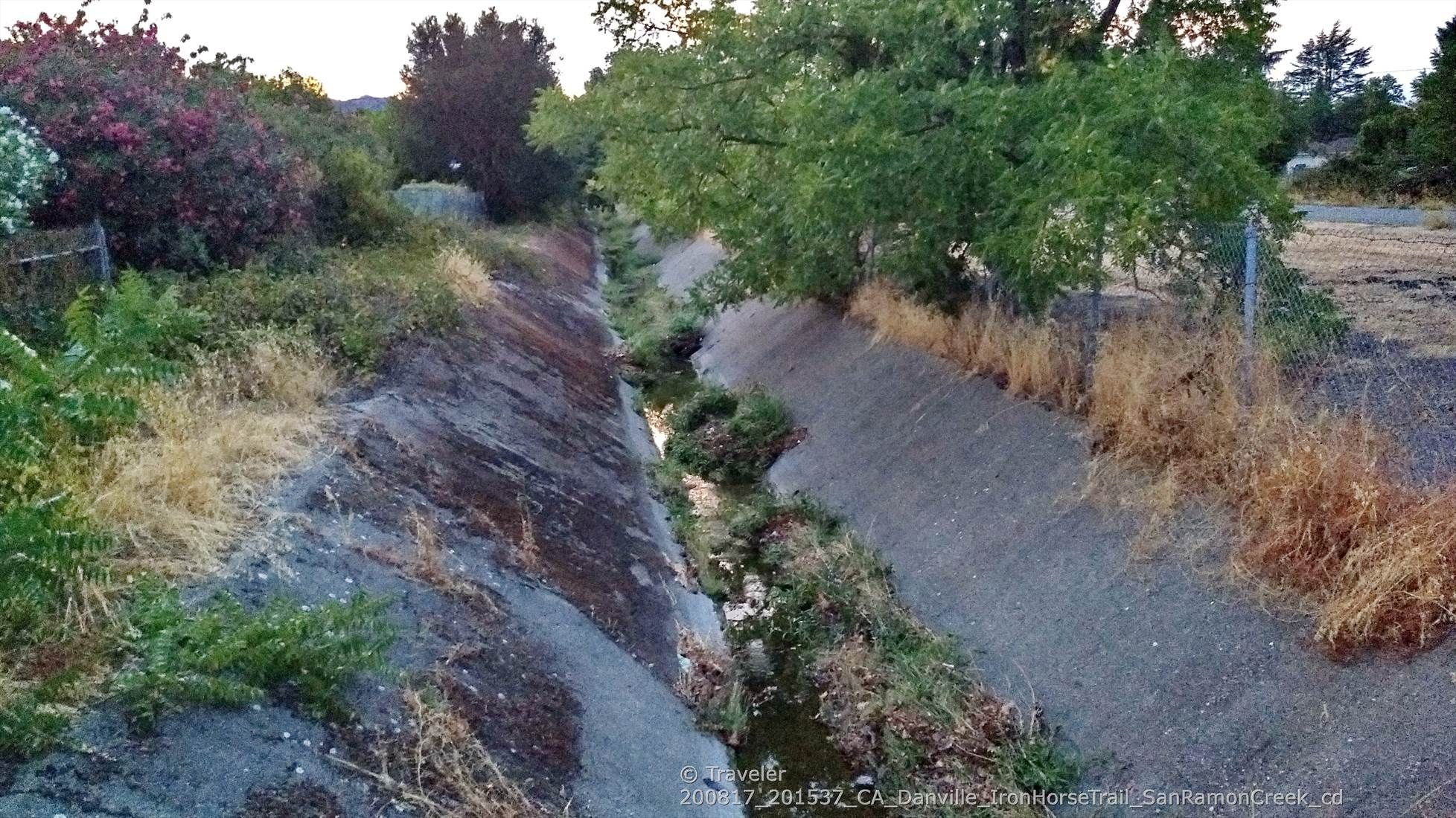 Concrete drainage ditch with overgrown vegetation and dry grass. - Iron Horse Trail – San Ramon iron horse trail loop from Danville