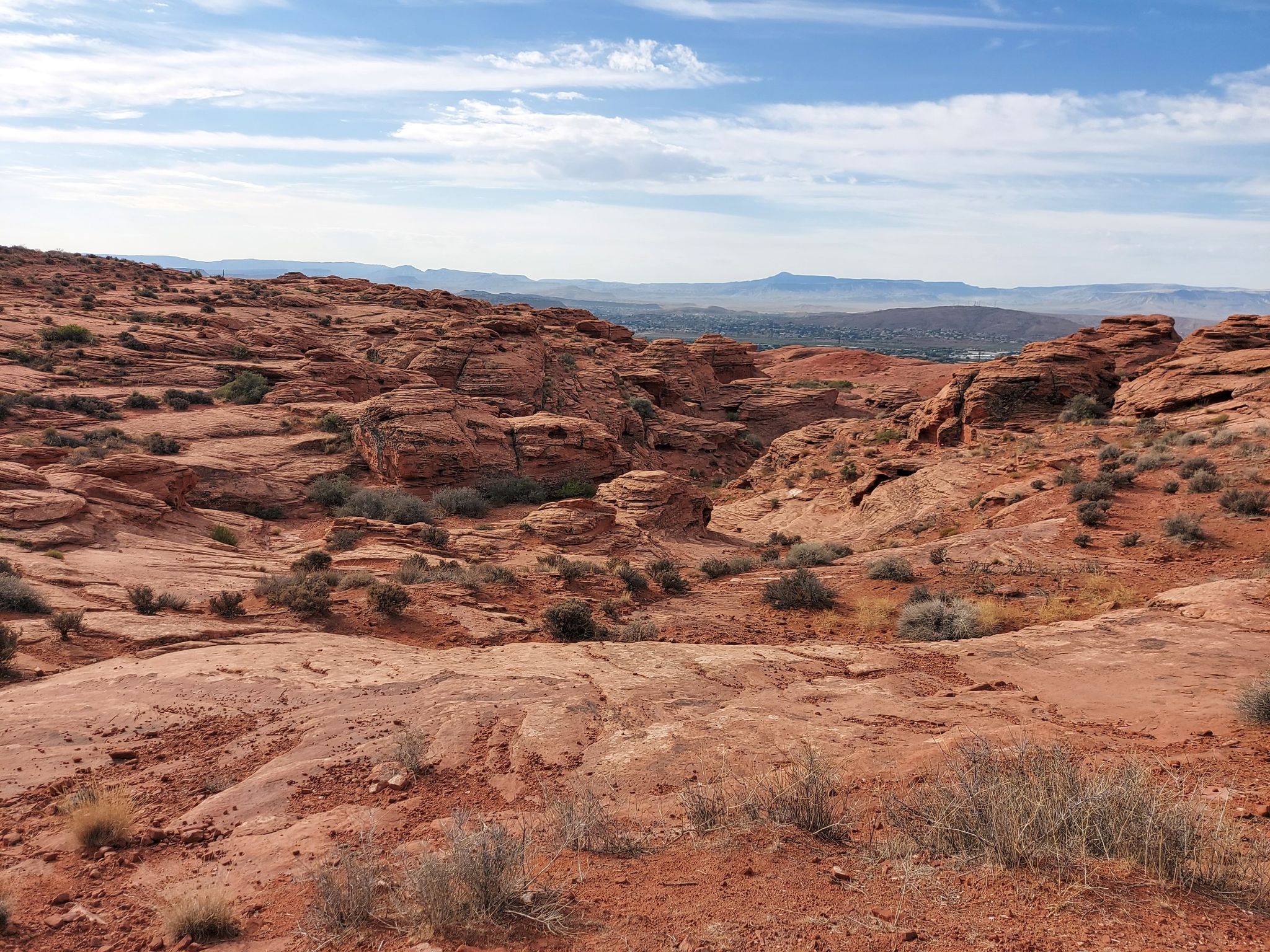 Expansive red rock landscape with sparse desert brush under a blue sky. - Red Hills and Pioneer Rim Loop