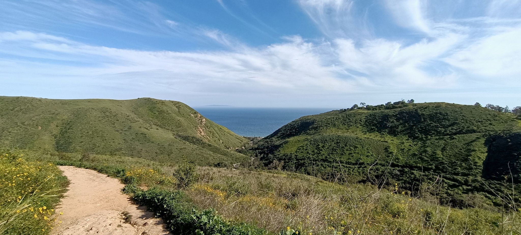 Winding dirt path through green hills, with ocean in the distance, blue sky. - Solstice Canyon Loop – Santa Monica Mountains National Recreation Area