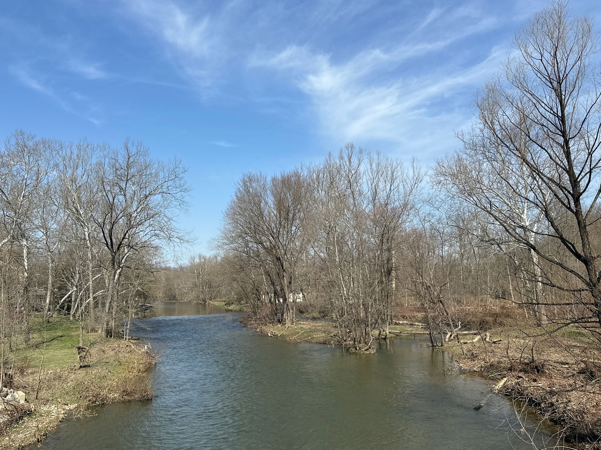 A calm river flows through a forest of bare trees under a bright blue sky. - Maiden Creek loop
