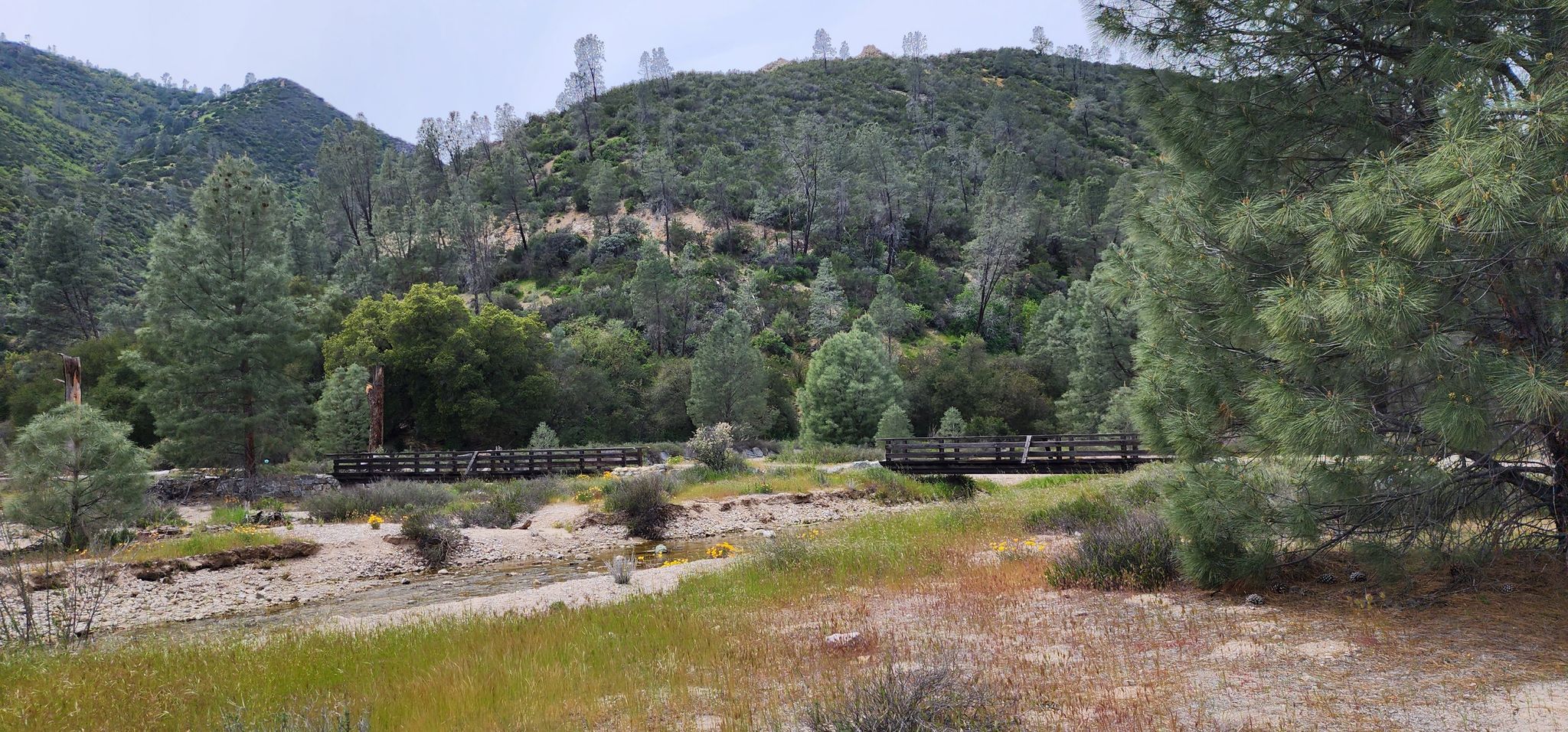 Two wooden bridges cross a dry riverbed amidst green hills under an overcast sky. - Bench Trail
