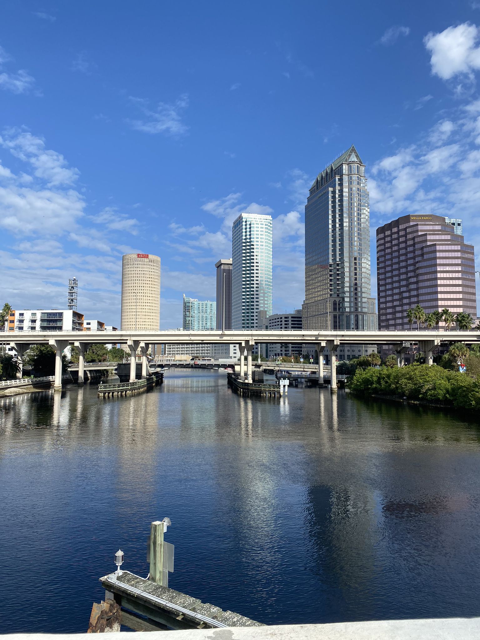 City skyline with tall buildings reflected in a wide river under a blue sky. - Bayshore Boulevard
