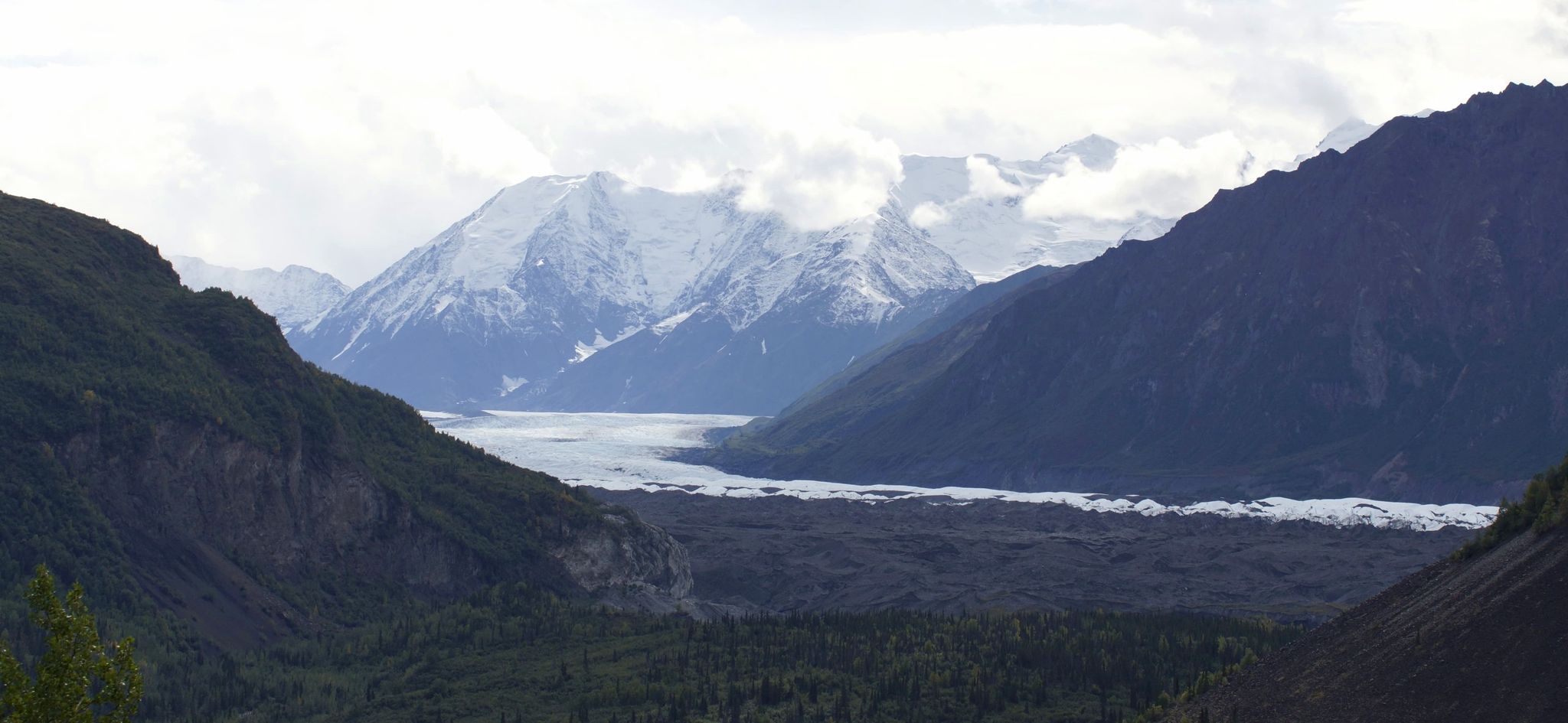 Distant glacier valley framed by dark, forested mountains under cloudy sky. - Hiking loop from Lion Head