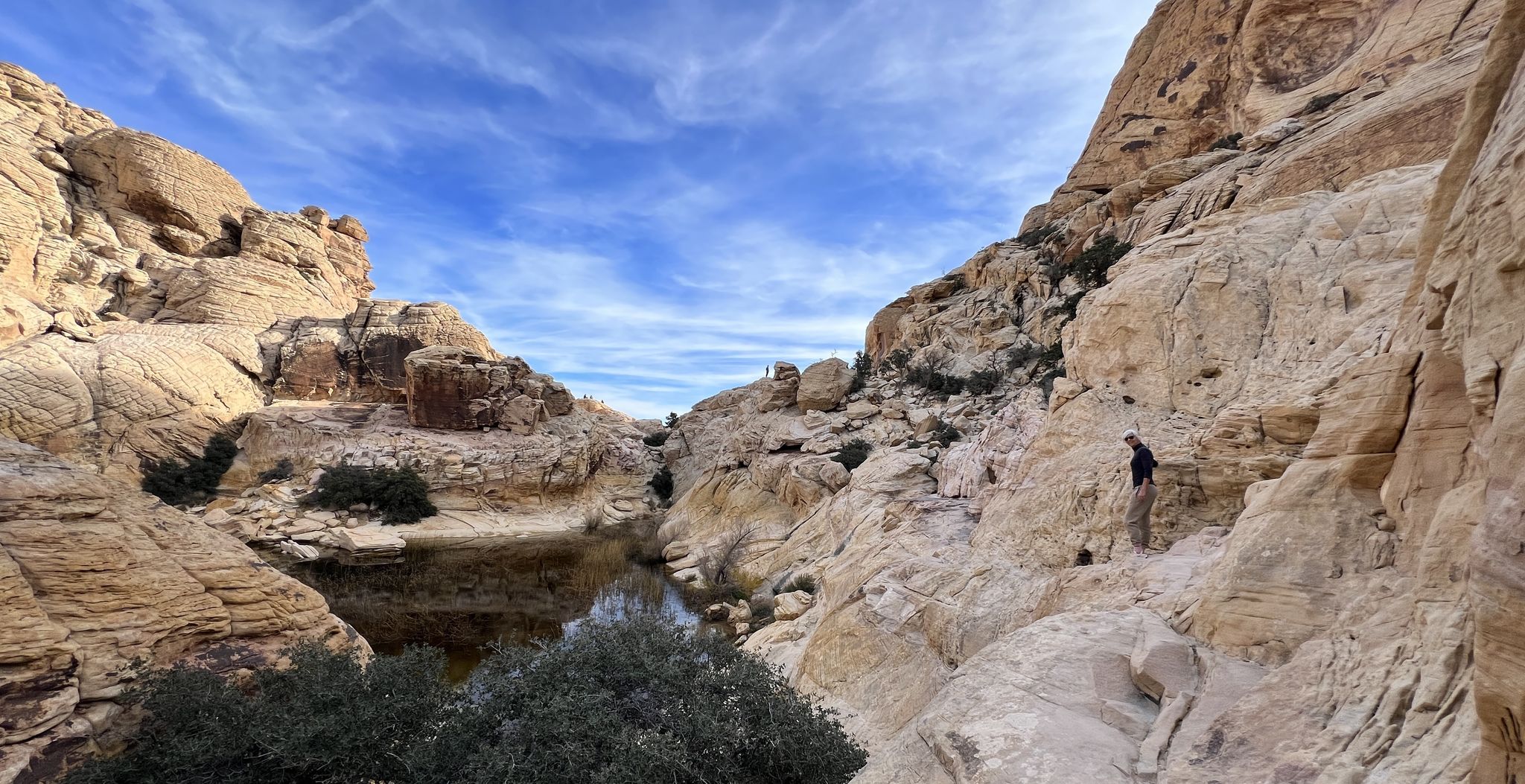 Person hikes along a canyon with water, under a partly cloudy sky. - Calico Tanks Trail