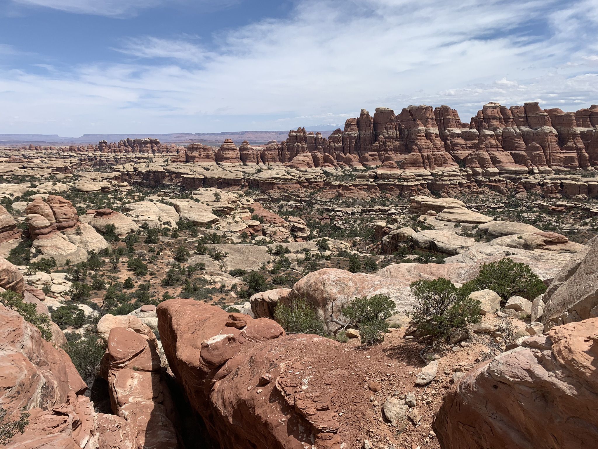 Panoramic view of vast rocky desert formations under a bright, partly cloudy sky. - Campsites in Chesler Park – Chesler Park loop from The Needles