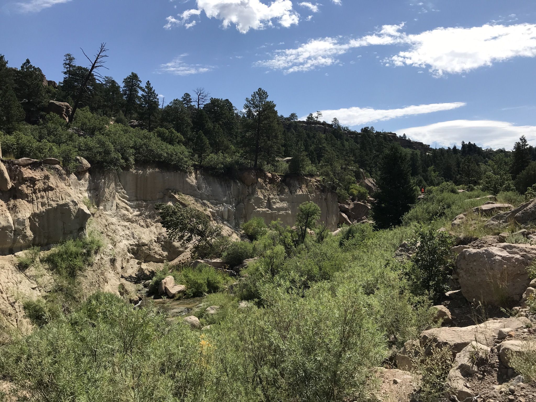 Green valley with rocky cliffs and a stream under a partly cloudy sky. - Castlewood Canyon Falls – View of Castlewood Canyon Dam loop from Franktown Parker FPW-1 Dam