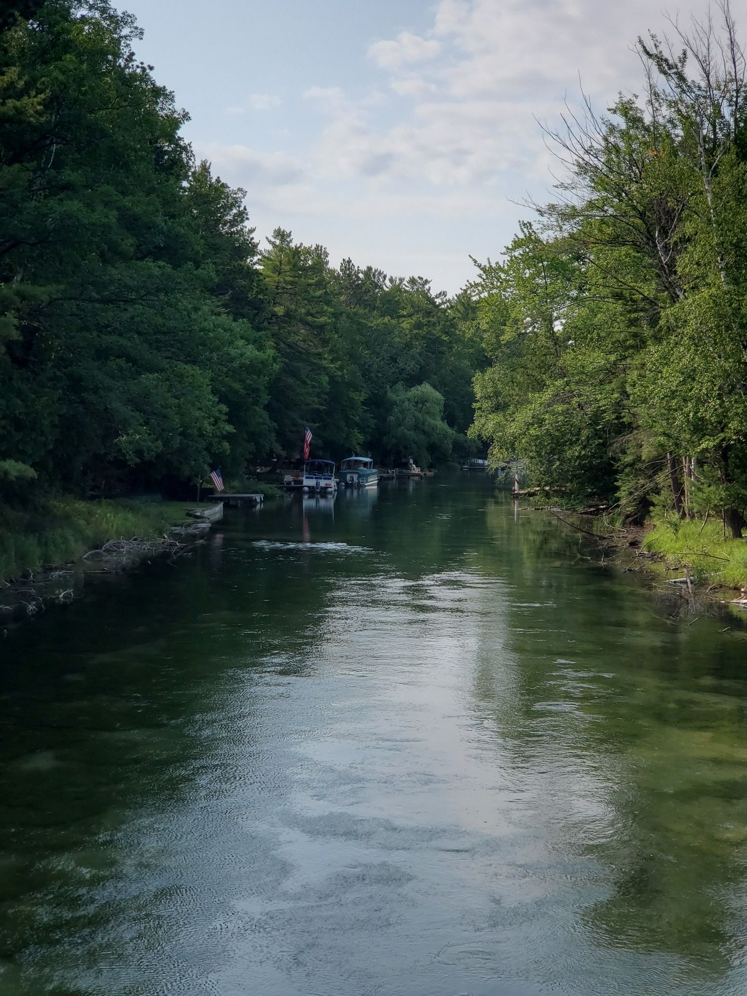 Calm river flowing between dense green trees with boats docked in distance. - Mont Minnie Nature Preserve loop from Platte River
