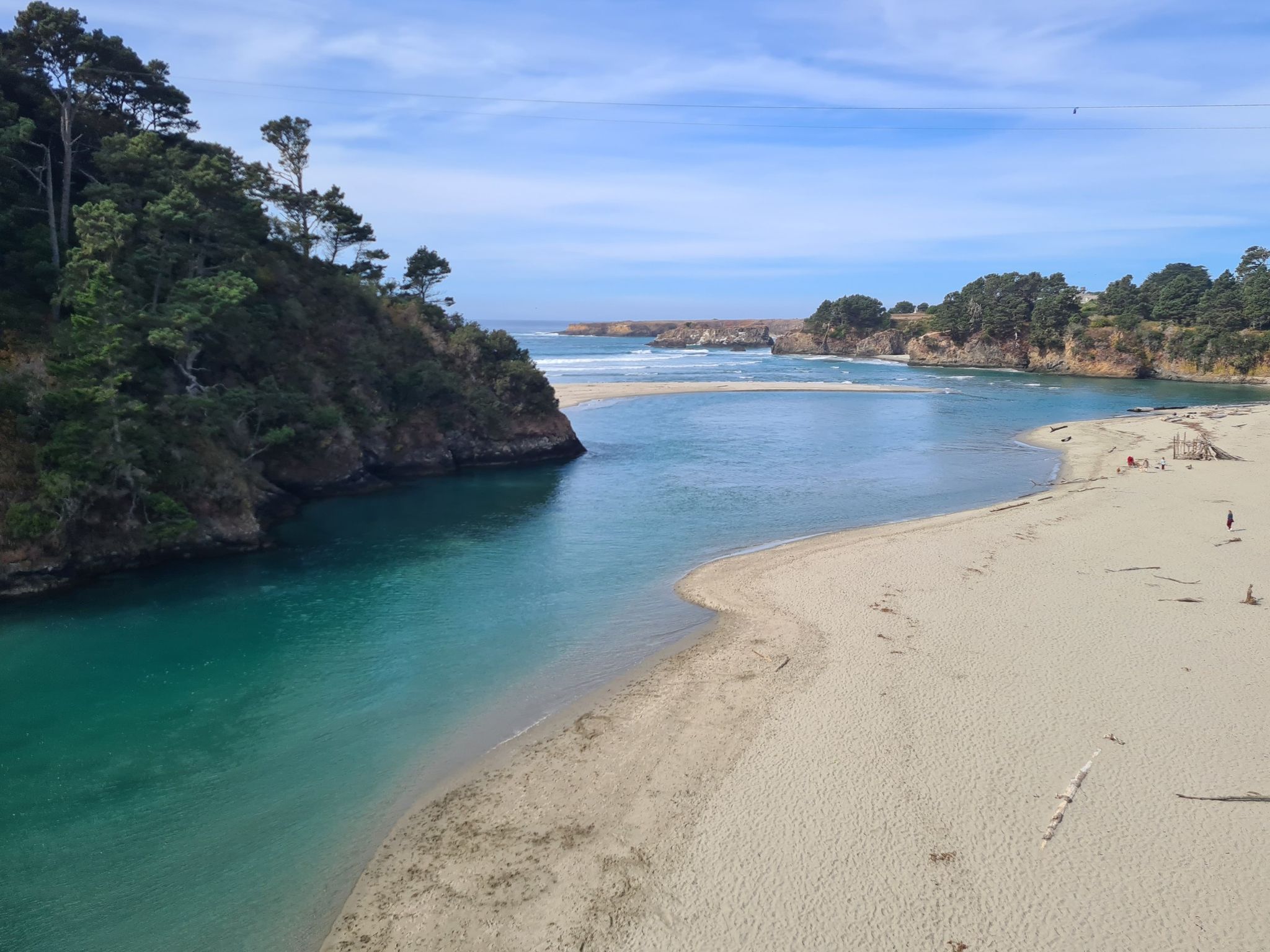 River meeting a sandy beach, surrounded by forested cliffs under a clear sky. - Mendocino Bay Viewpoint – Big River loop from Hendy Woods State Park