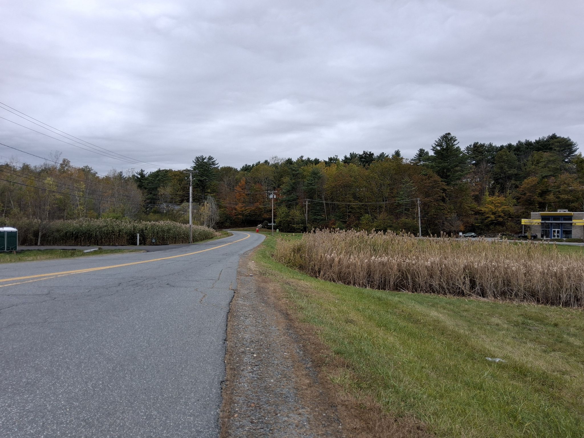 A winding rural road with dry fields and distant autumn trees under an overcast sky. - Packard Hill Covered Bridge loop from Lebanon