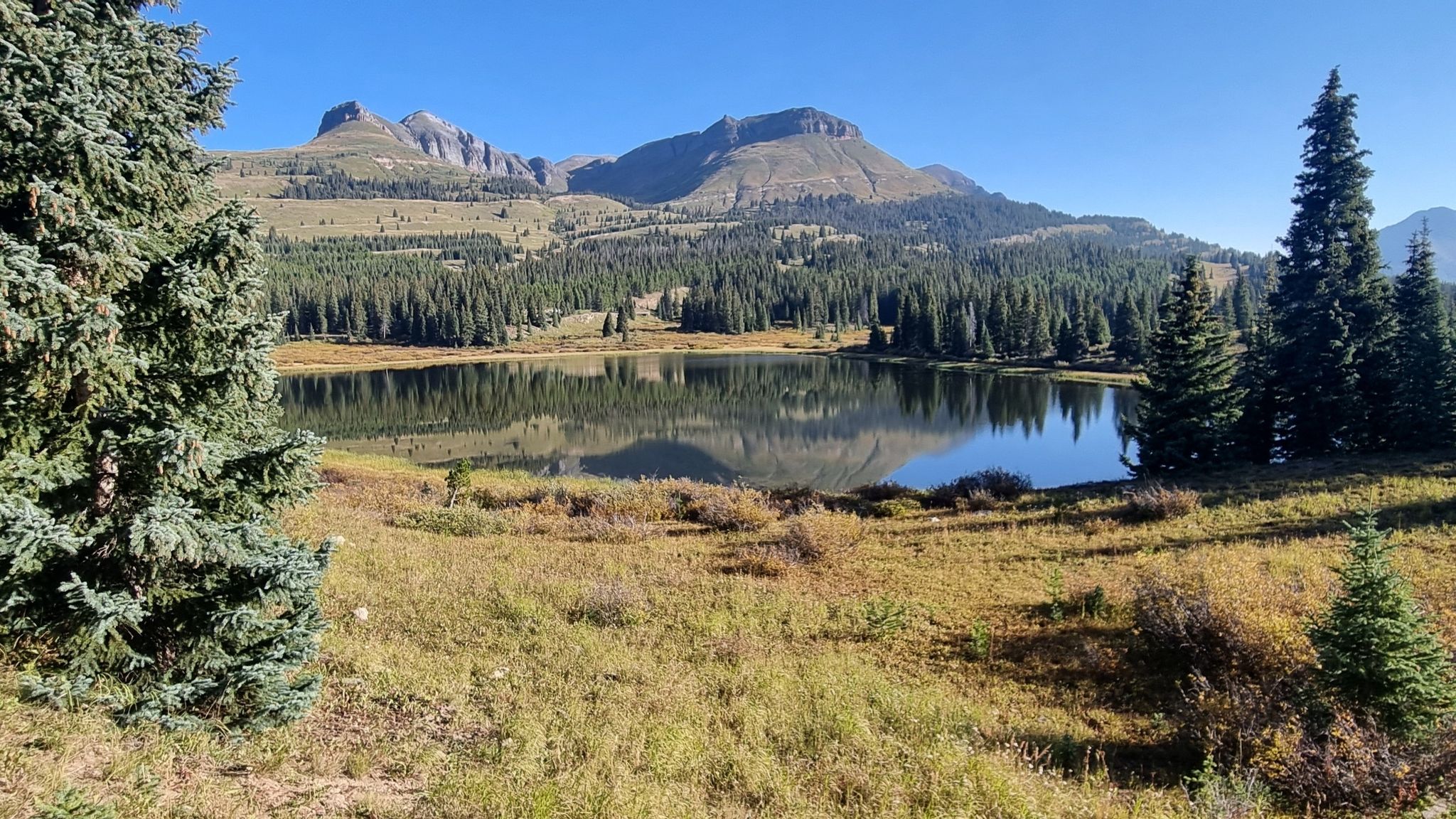 Calm mountain lake reflecting peaks and forest under a clear blue sky. - Little Molas and Molas Lakes
