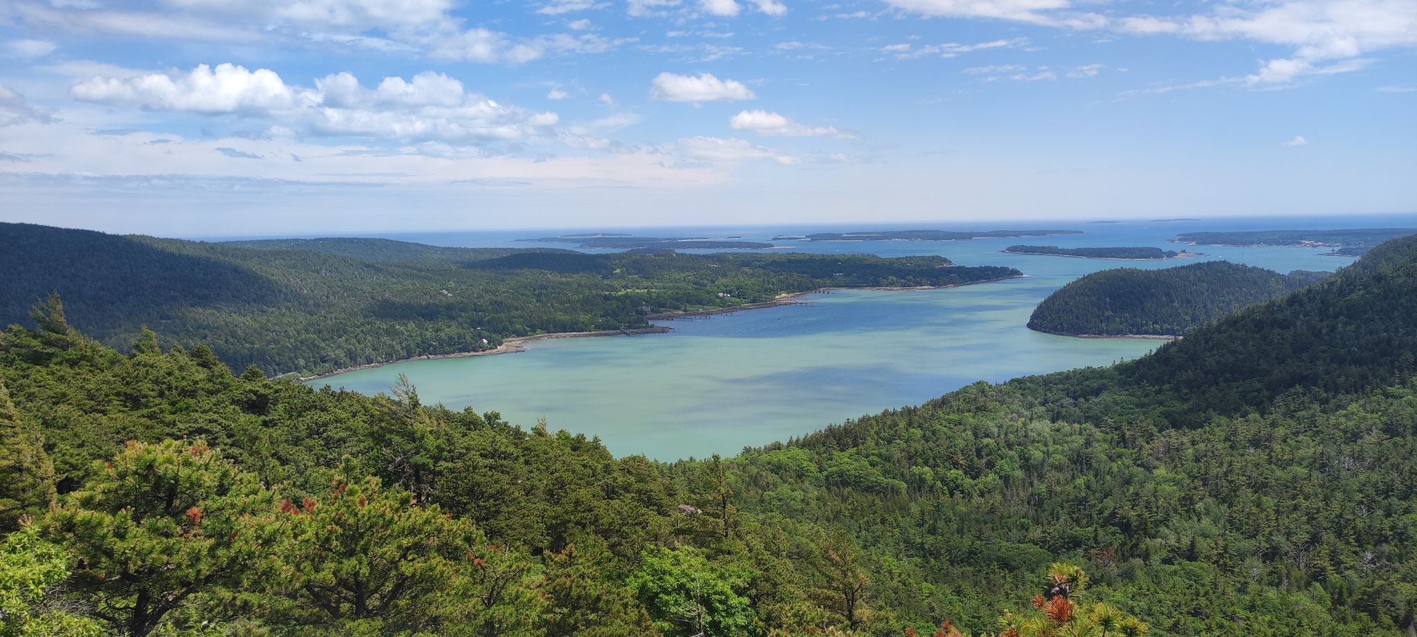 Scenic view of a tranquil bay nestled among green forested hills under a cloudy sky. - Acadia Mountain Loop