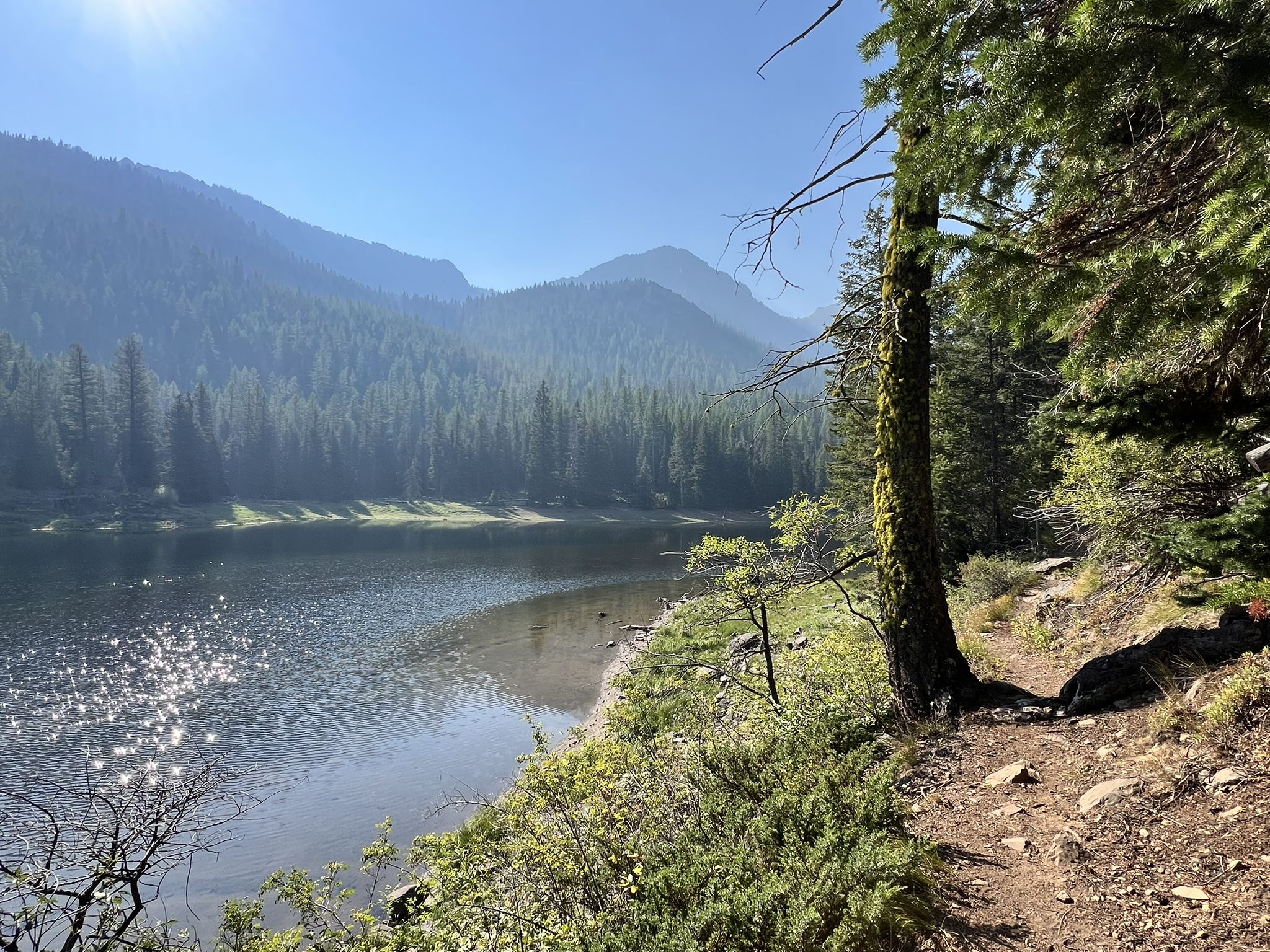Sunny lake with forested mountains, a dirt path, and sun glare. - Strawberry Lake and Little Strawberry Lake Trail