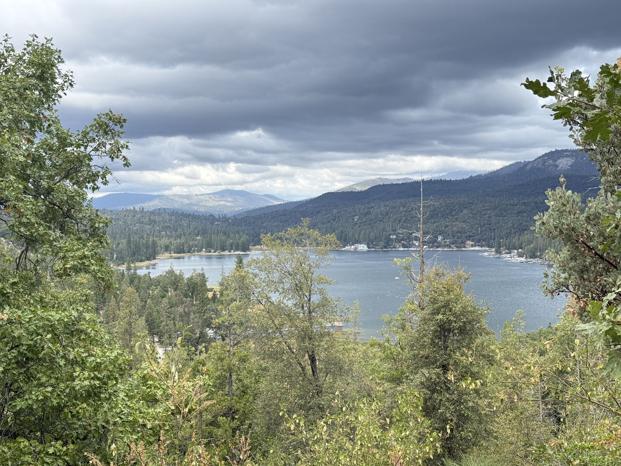Overcast view of a lake surrounded by green forests and mountains. - Goat Mountain Trail