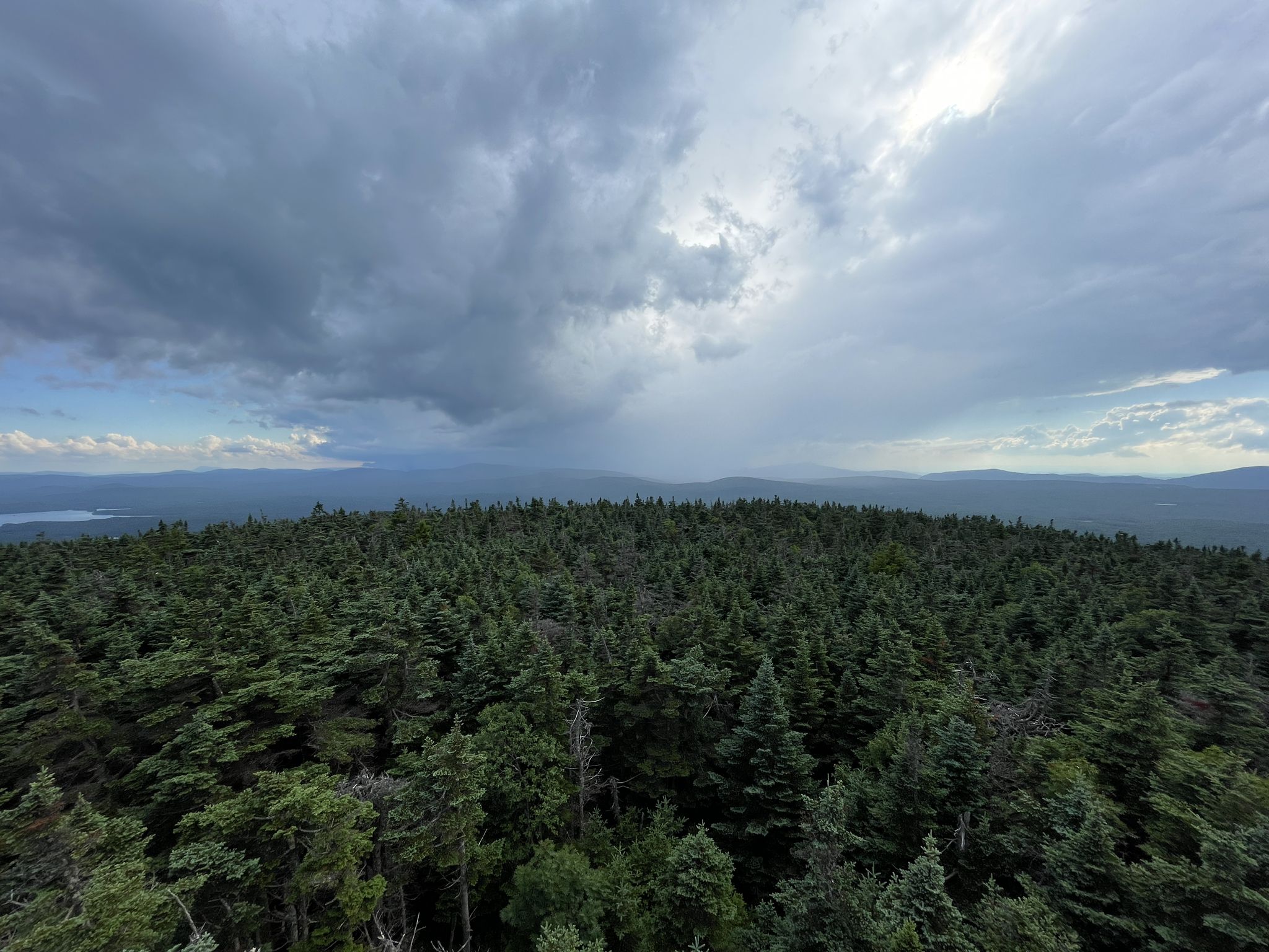 Vast evergreen forest stretches to distant mountains under a dramatic, cloudy sky. - Stratton Mountain and Stratton Pond Loop