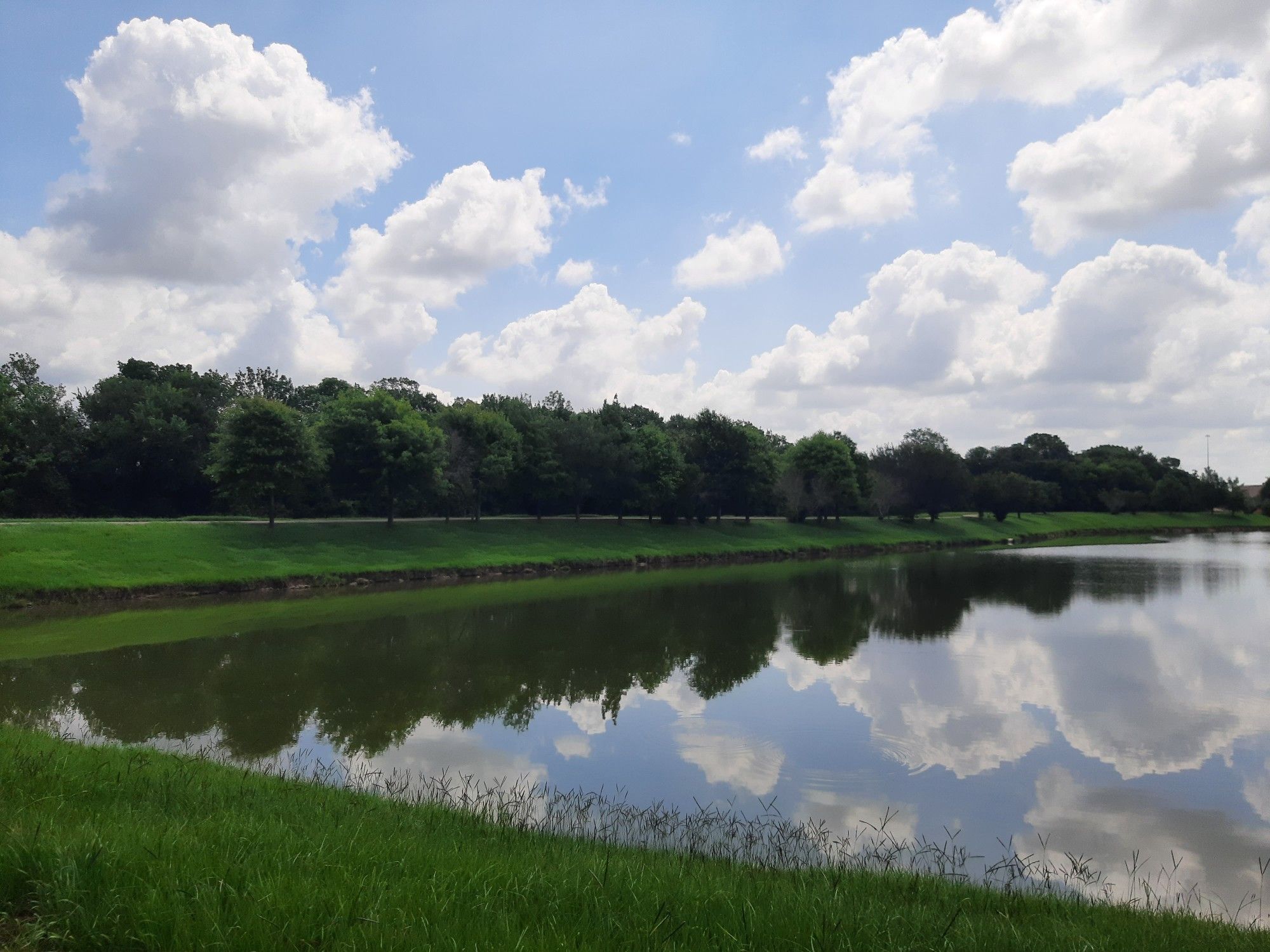 Calm lake reflecting white clouds and green trees under a bright sky. - Shadow Creek Ranch Nature Trail
