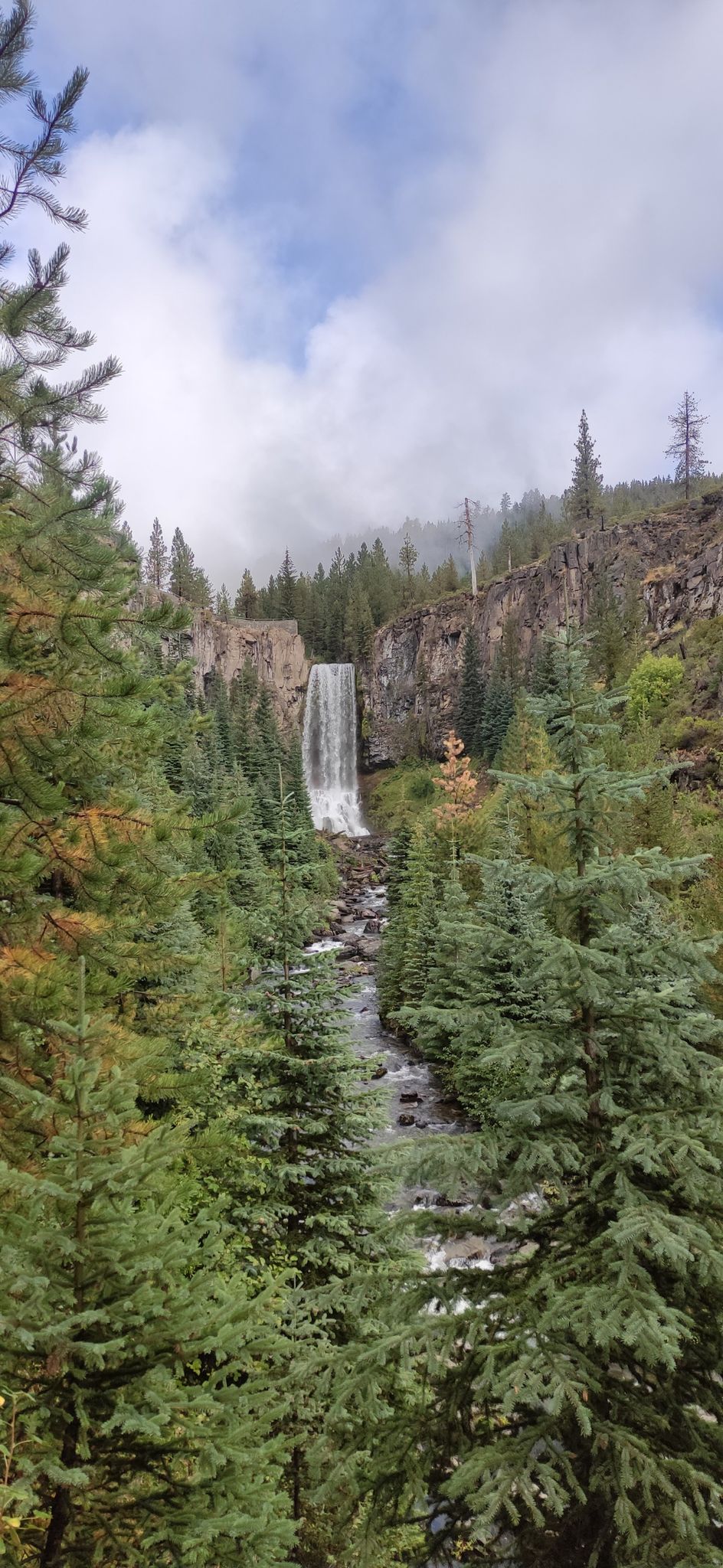 Waterfall cascading in a misty, forested canyon under cloudy skies. - Tumalo Falls – Tumalo Falls (Lower Viewpoint) loop from Bend