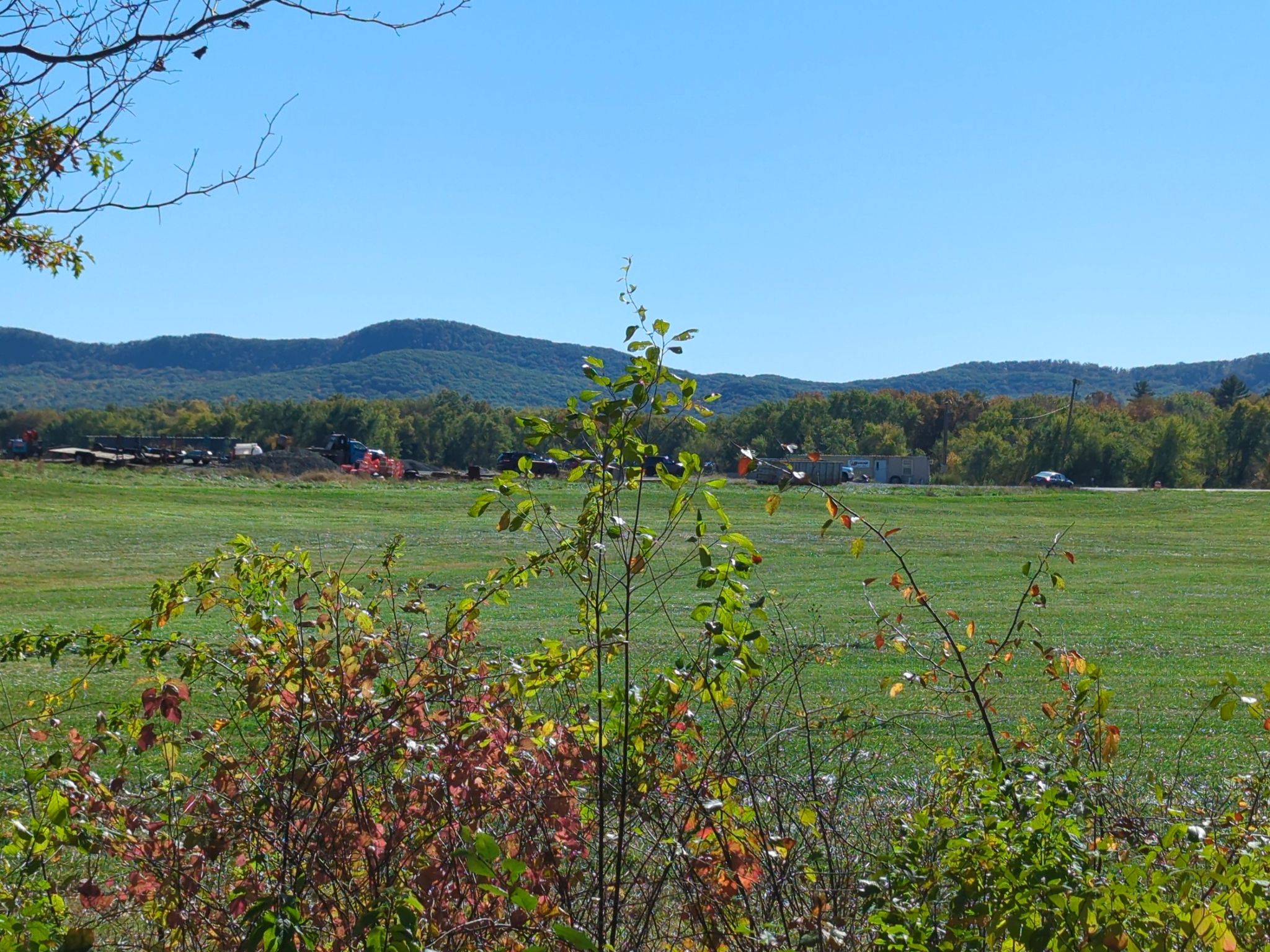 Sunny view of a vast green field with distant forested mountains. - Norwottuck Rail Trail Bridge – Norwottuck Rail Trail Bridge loop from Fort River Grasslands Division