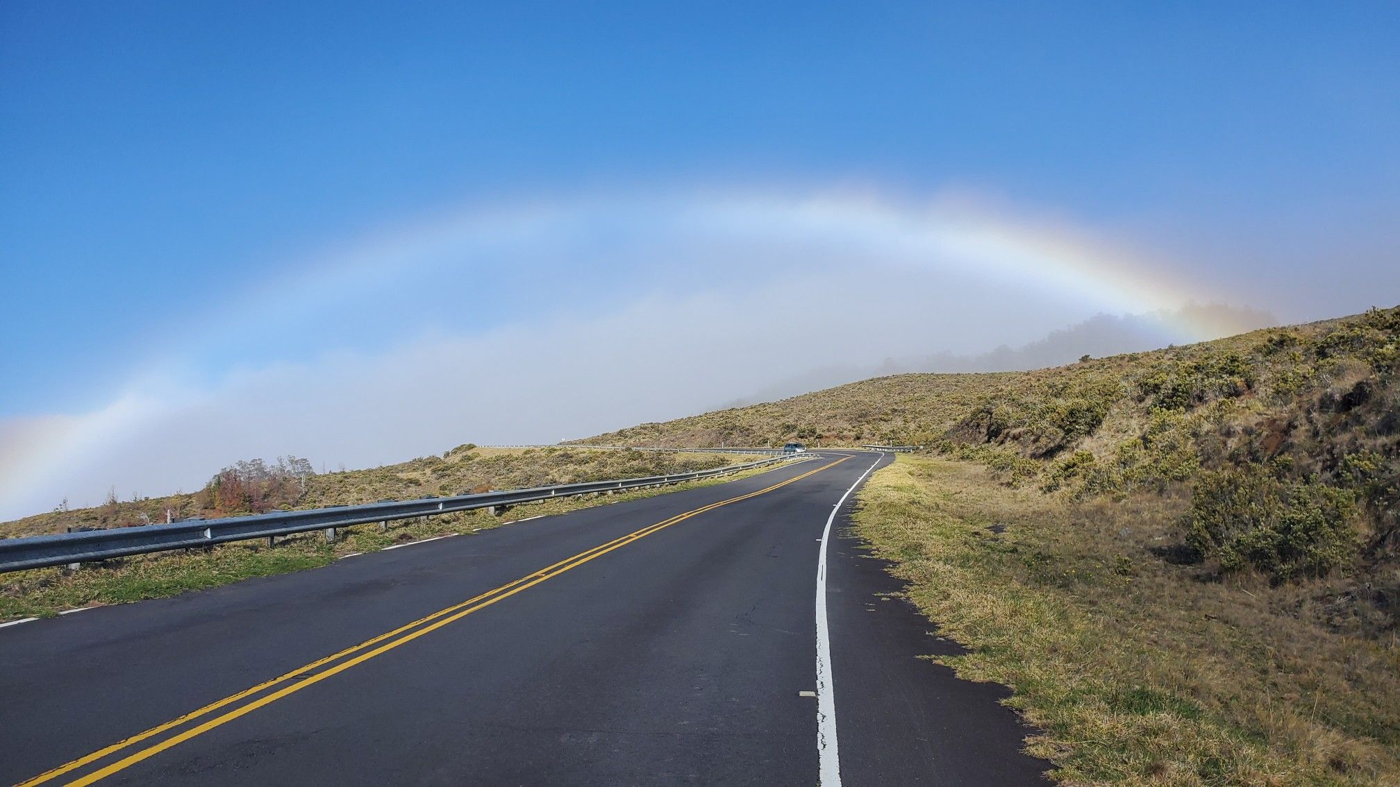 Winding road with a vibrant rainbow arching over misty, grassy hills. - Haleakalā National Park – Crater Road loop from Hula Sandalwoods Cafe and Inn