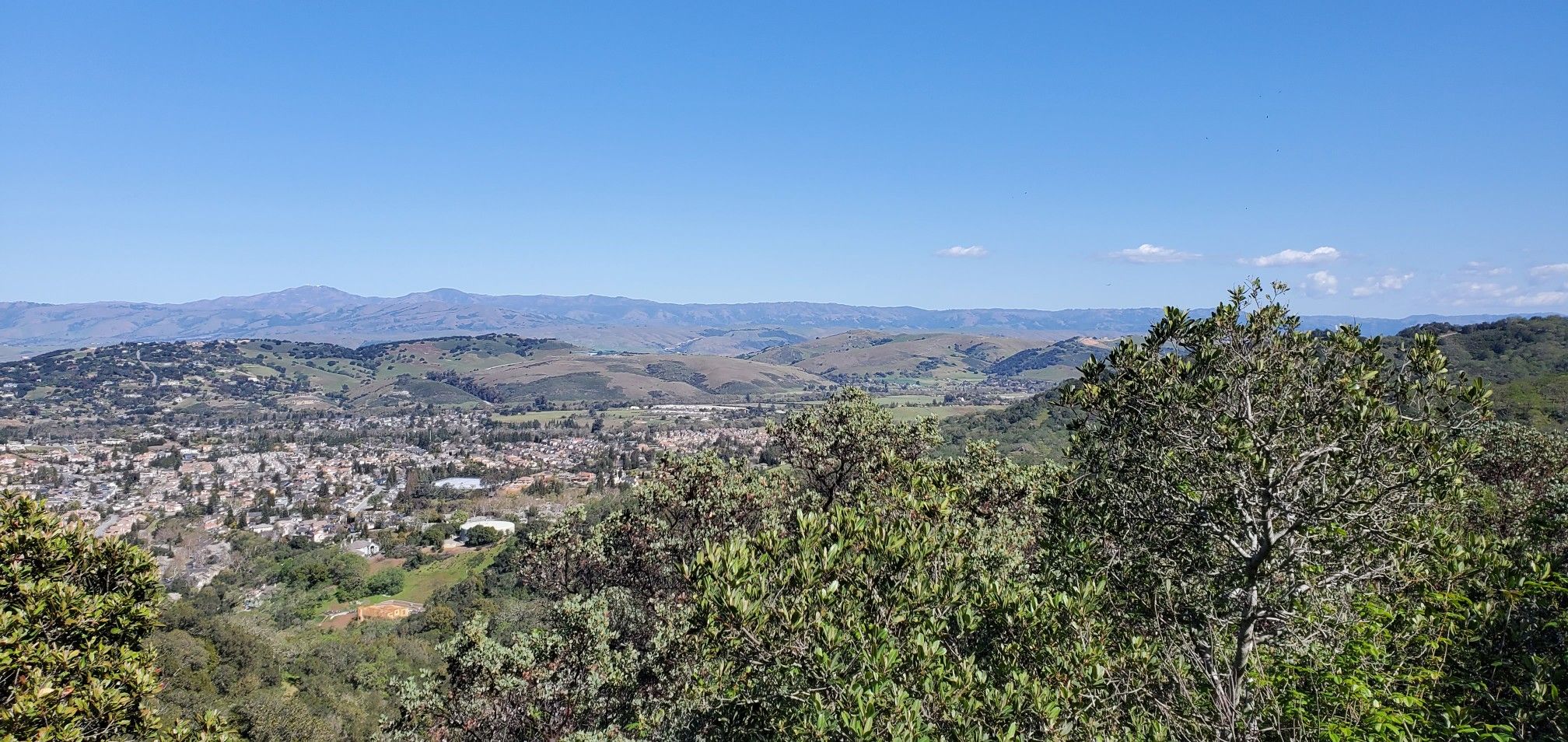 Panoramic view of a city nestled in a valley, with distant mountains. - Santa Isabel Shaft – Randol Trail Junction loop from Almaden Quicksilver County Park