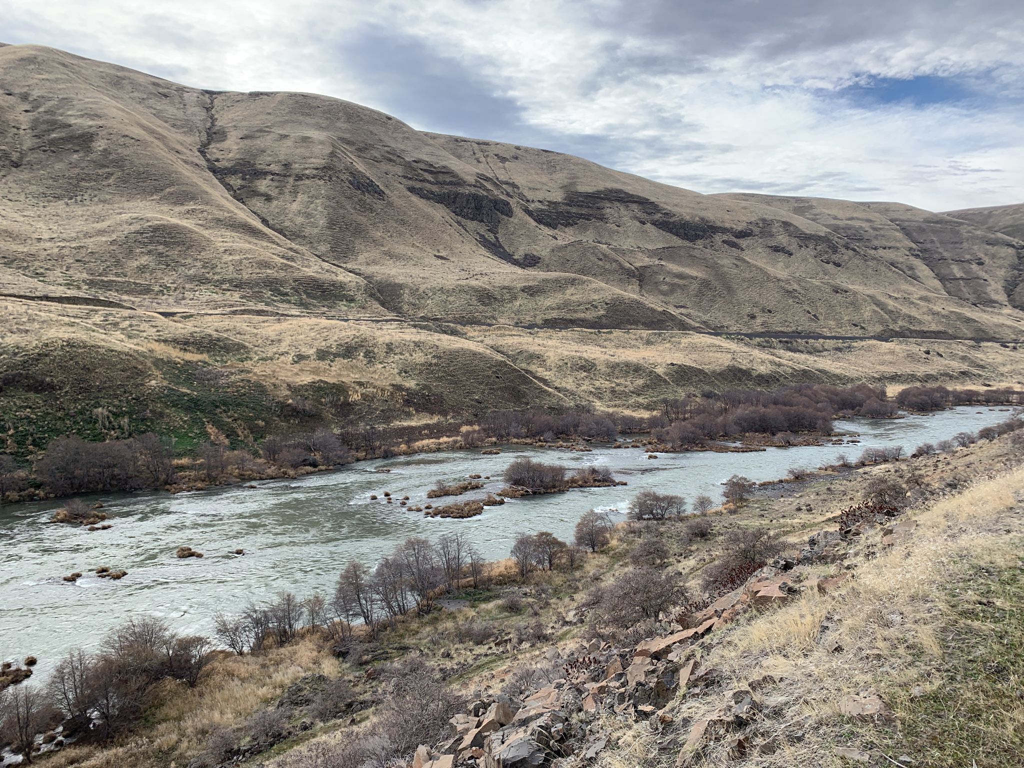 A wide river flows through a valley with dry, grassy hills under an overcast sky. - Deschutes River Trail
