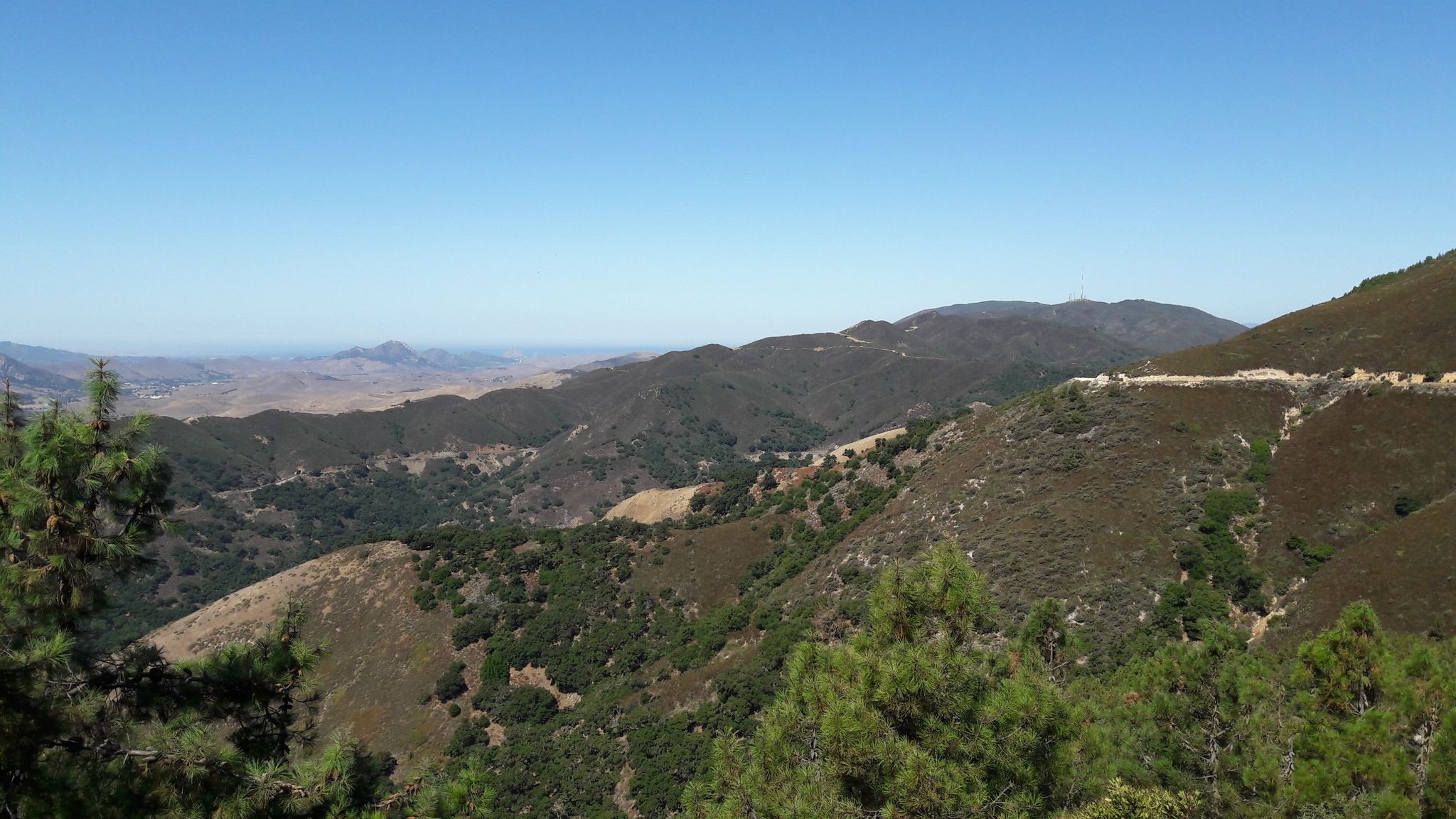 Panoramic view of sunlit green and brown mountains under a clear blue sky. - Mount Lowe Road