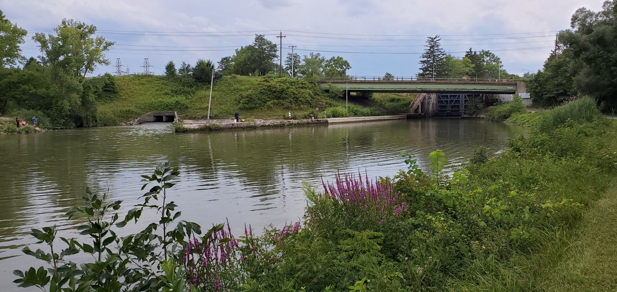 River with a distant bridge and lock structure, surrounded by green vegetation. - Erie Canalway Trail – George's Cove loop from Monroe Community College