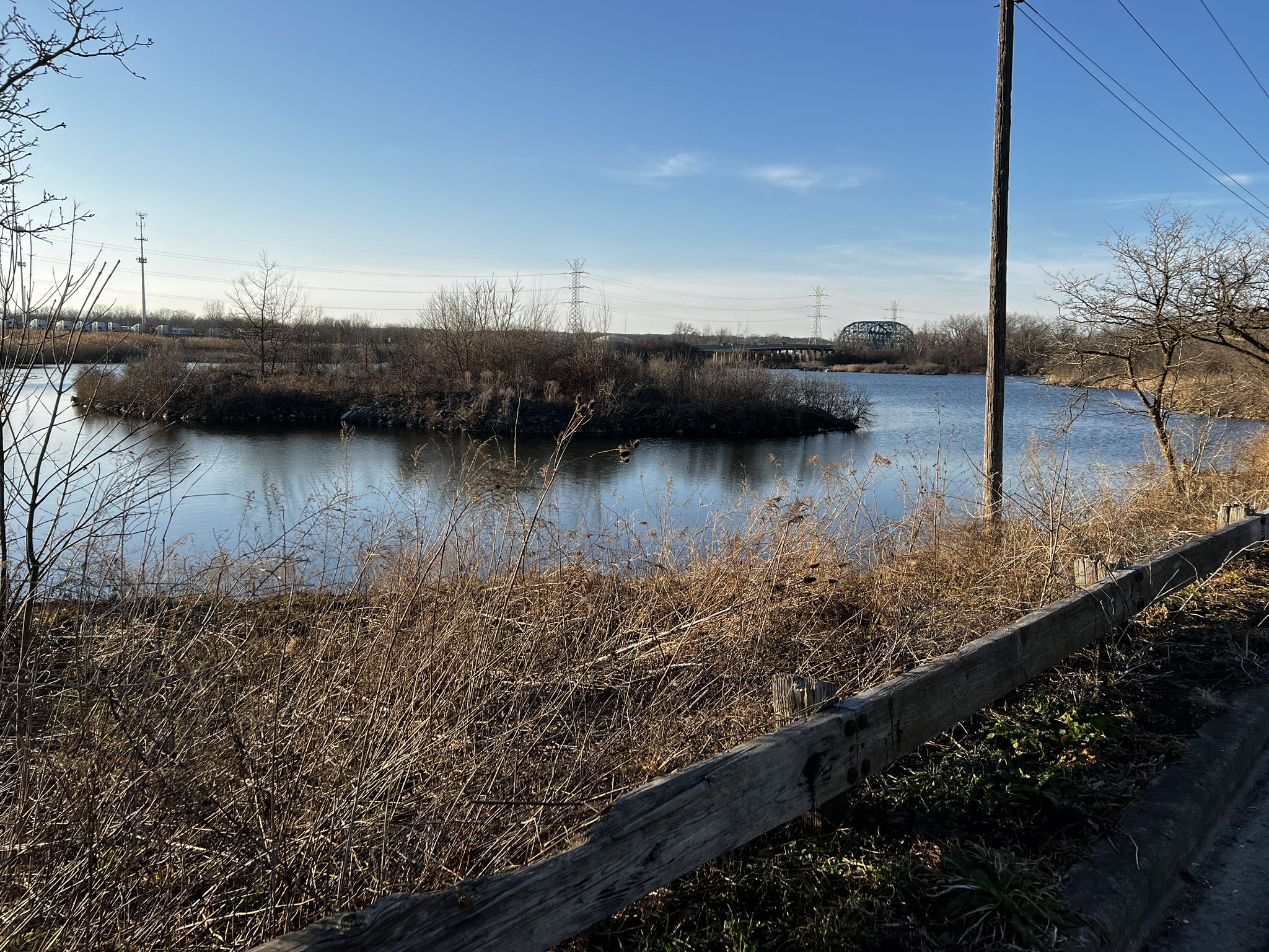 A wide river with a small island, surrounded by dry grass and bare trees. - Cal-Sag Trail and Centennial Trail