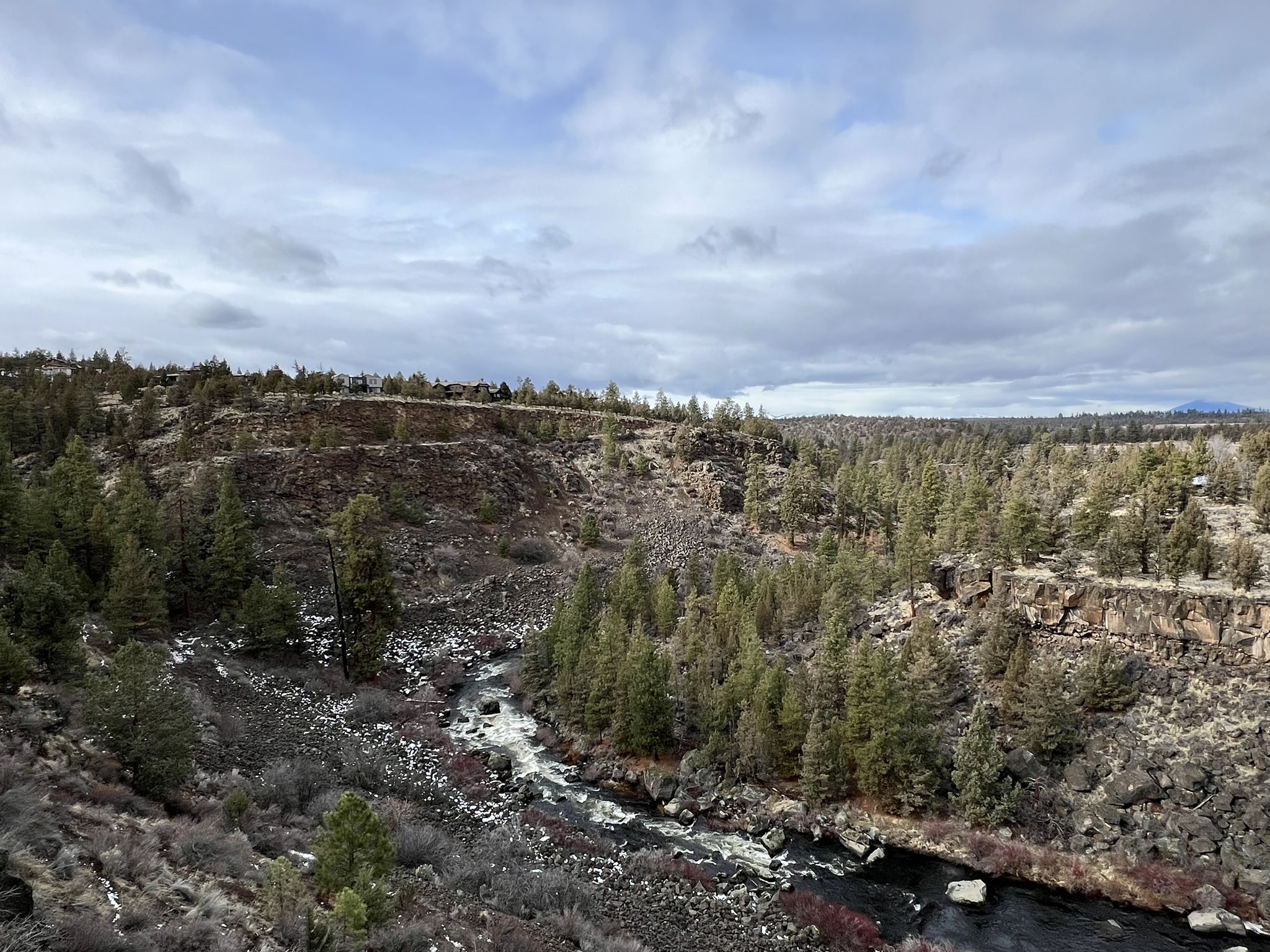 River winding through a rocky canyon with pine trees under a cloudy sky. - Deschutes River Trail loop from Archie Briggs Canyon Natural Area