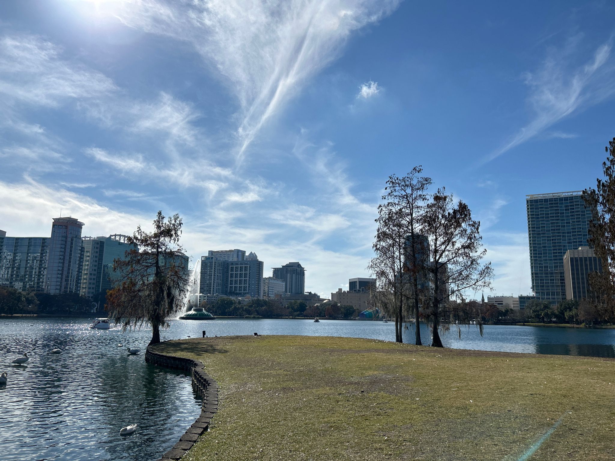 Sunny view of a lake, grassy bank, and city skyline with wispy clouds. - Running loop from Orlando