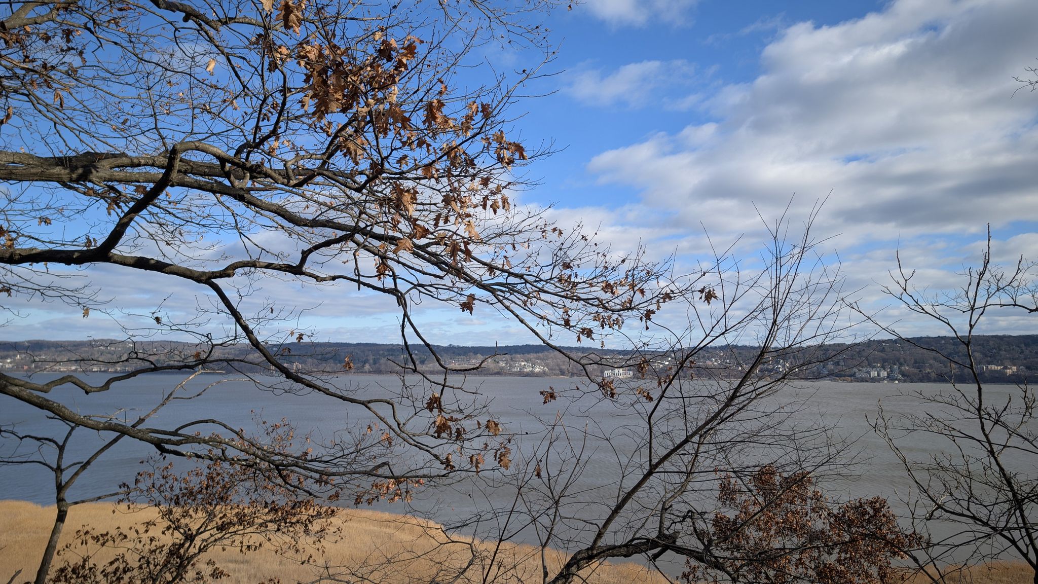 Bare tree branches frame a wide river under a partly cloudy sky. - Long Path and Piermont Marsh Loop