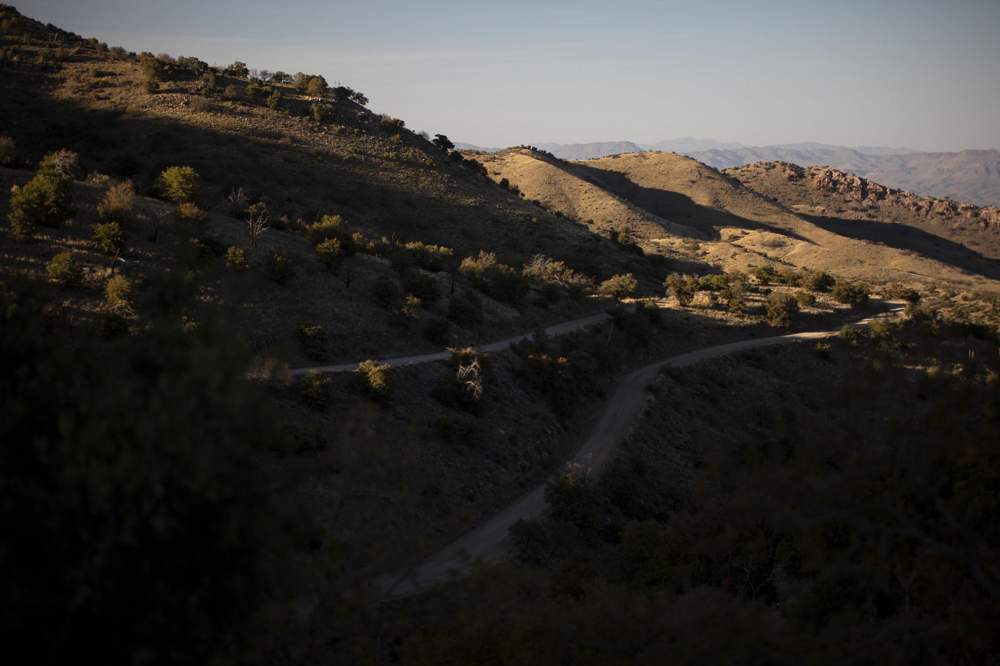 Winding dirt road cuts through sunlit, arid hills with long shadows. - Oracle State Park and Peppersauce Kitchen loop
