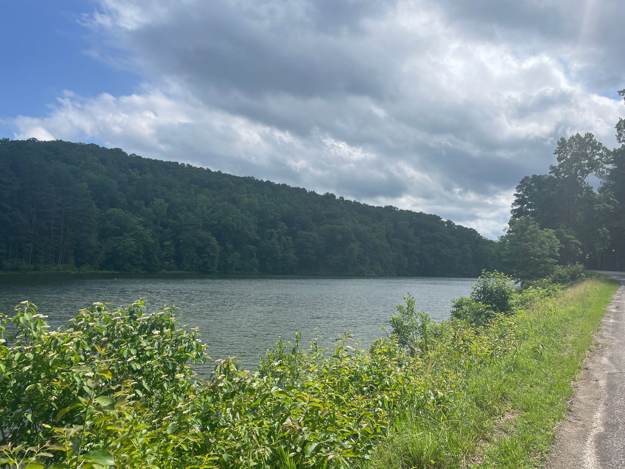 A lake with forested hills under a cloudy sky, with a dirt path. - Currahee Mountain Summit View – Lake Russell Road loop from Cornelia