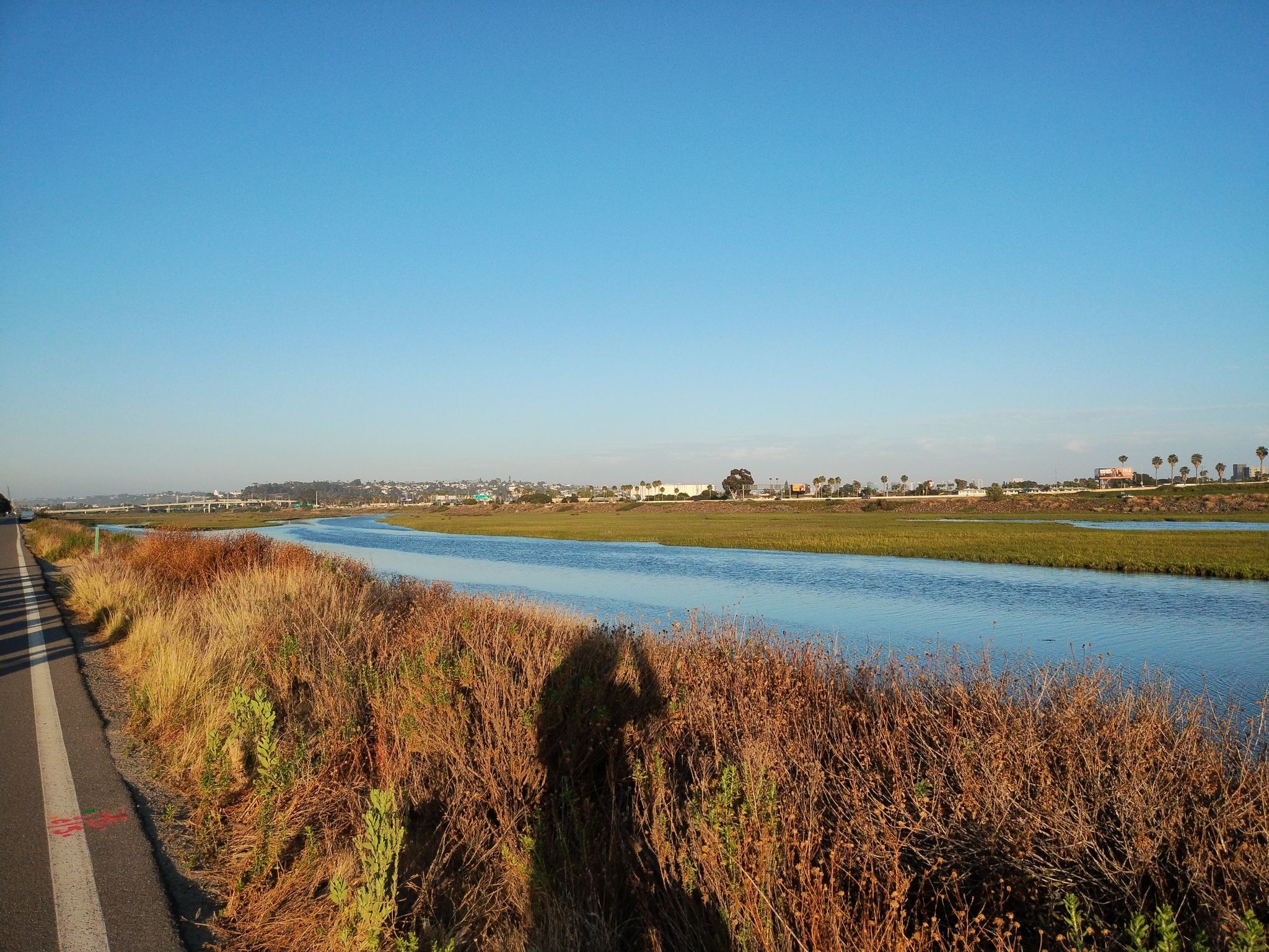 Sunny river with grassy banks next to a paved road. - San Diego River Bikeway – Mission Bay Park loop from Grossmont